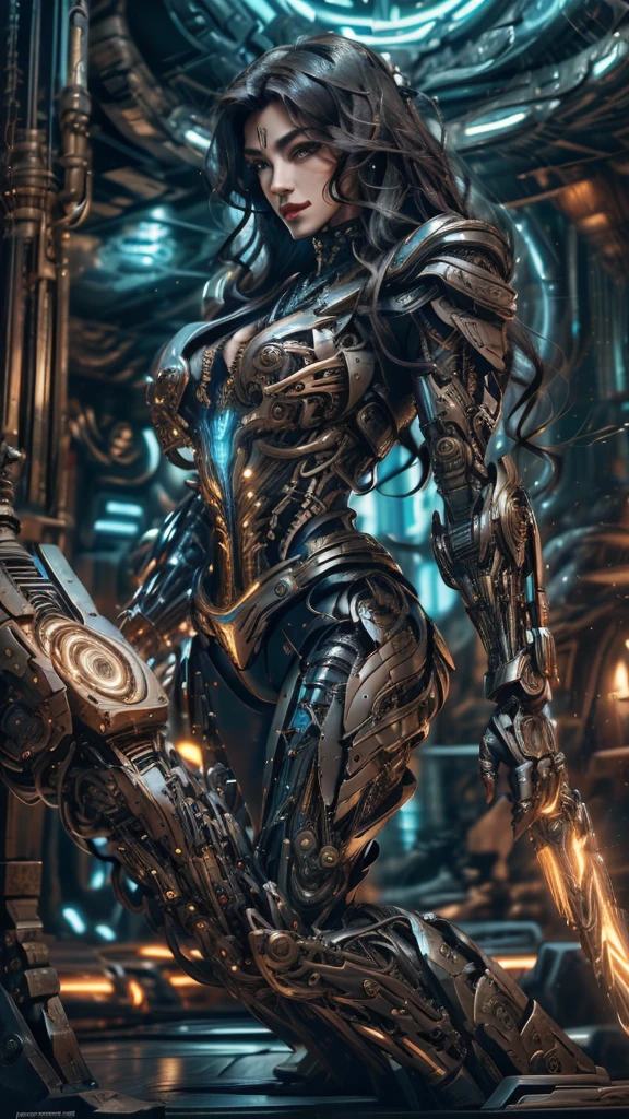 Hyper photo realistic picture perfect bio mechanical, human face, thin curved black eyebrows, long luscious eyelashes, black eyeliner, bark black eye shadow, color perfect makeup, dark lipstick, long luscious wavy hair, bio mechanical arm's, bio mechanical body, show cleavage, large breast, bio mechanical legs, terminator theme background sunrise,