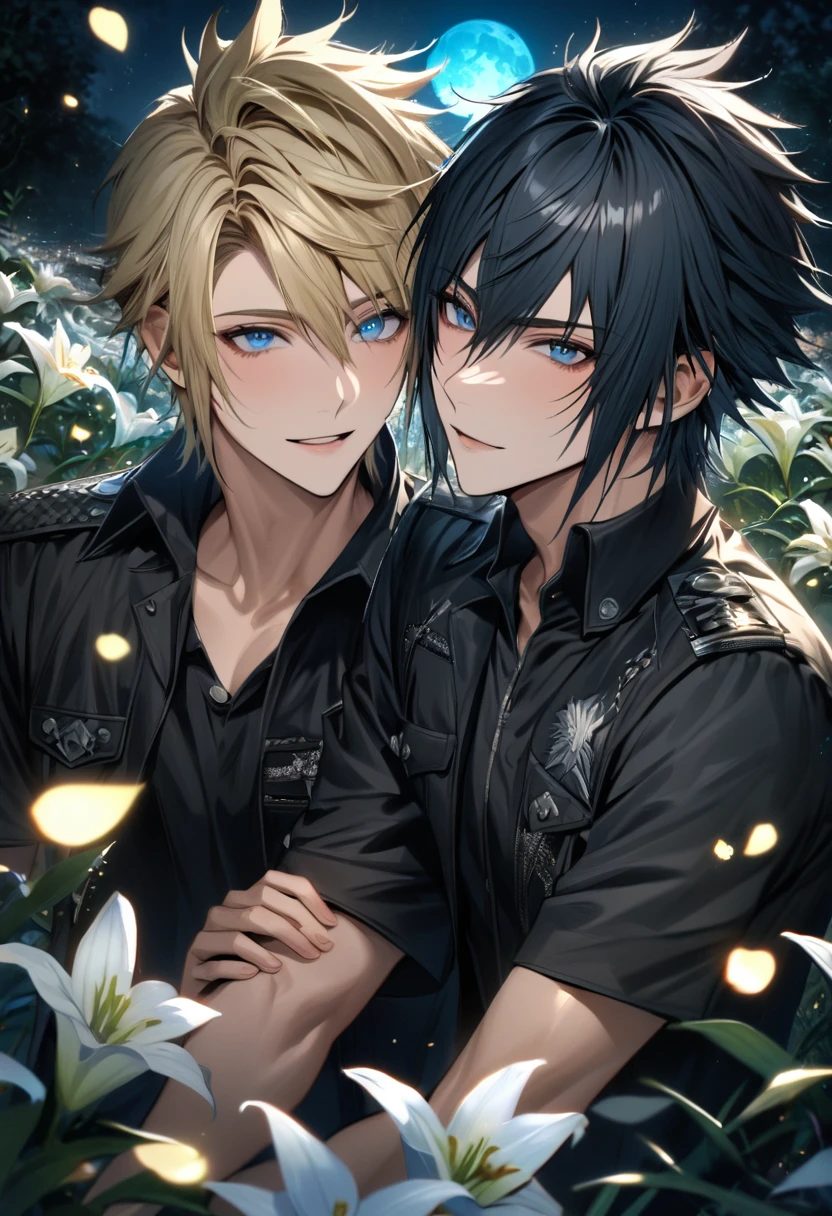absurdres, highres, ultra detailed, HDR, master piece, best quality, Noctis Lucis Caelum, black hair, expressive blue eyes, Final Fantasy XV, Prompto Argentum, blond hair, expressive blue eyes, 2men together, gay couple, handsome, petals, white lilies, moon, fireflies, extremely detailed face and eyes
