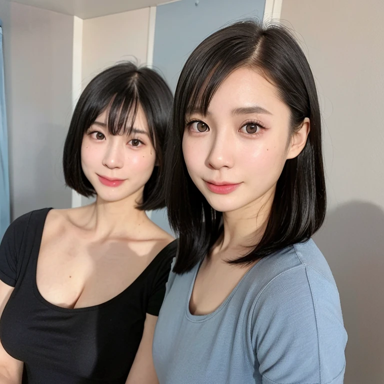 (kawaii 24 year-old Japanese girl, Nogizaka idol, Korean idol), (glossy black hair, messy very short hair, messy pixie cut, symmetric hair length, even length hair edges:1.3), (bangs), (extra rounded face, black eyes, single eyelid, no makeup, soft smiling:1.2), (wearing light blue t-shirt:1.3), (flat chest, extra small breasts:0.8), (looking at viewer:1.2), BREAK, (simple white background:1.3), (dynamic angle:1.3), BREAK, (masterpiece, best quality, photo realistic, official art:1.4), (UHD, 8K quality wallpaper, high resolution, raw photo, golden ratio:1.2), (shiny skin), professional lighting, physically based rendering, award winning, (perfect anatomy, highly detailed skin, extremely detailed face and eyes), Carl Zeiss 300 mm F/2.8, depth of field, 1girl, solo,