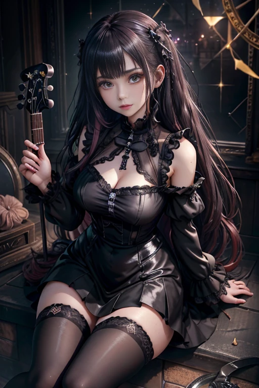 Hard Dark Gothic Makeup、Insanity、deep night sky、horror、black dark eyeshadow、cry、grieve、good skin shine、dark gothicメイク、dark smile、Restless Palace、expression of sexual excitement、fragrant beauty、22 years old、Lie down、lure、expression of intense sexual pleasure、A look of shame、dark gothic、Gothic Lolita、bell sleeve、wizard sleeve、lewd expression、Stained glass background、muste piece、best quality、Refers to 5 books、Sweat glistens on my chest、Expression of sexual pleasure in suffering、drunk face、Maid clotheysterious、Noble、A face that is holding back the toilet、flirty gothic clothes、body is wet and shiny、Super sexy、Lots of glitter on the thighs、i am sweating a lot、loving smile、twin tail hair、my thighs are so wet、jet black ruffle skirt、shaded、right blue eye, left eye is red、Sit on a gothic bed covered in roses、Super bewitching pose、Gravure shooting、knee high socks、thigh high socks、A lot of sweat and stickiness on the thighs、Plenty of plump, shiny thighs、Sweat glistening on your thighy whole body is shiny with sweat、glamorous、platform heel shoes、pretty sweaty、My thighs are sweaty、dark makeup、Chest size is modest、black lipstick、Dark gothic long dress with a heavy feel、bright pink hair、long hair straight hair、Stained glass、black metal world、open your legs sloppily、her thighs are a little glamorous、play black guitar、guitar girl、play guitar、guitar playing、gothic guitar、have a guitar、holding guitar、