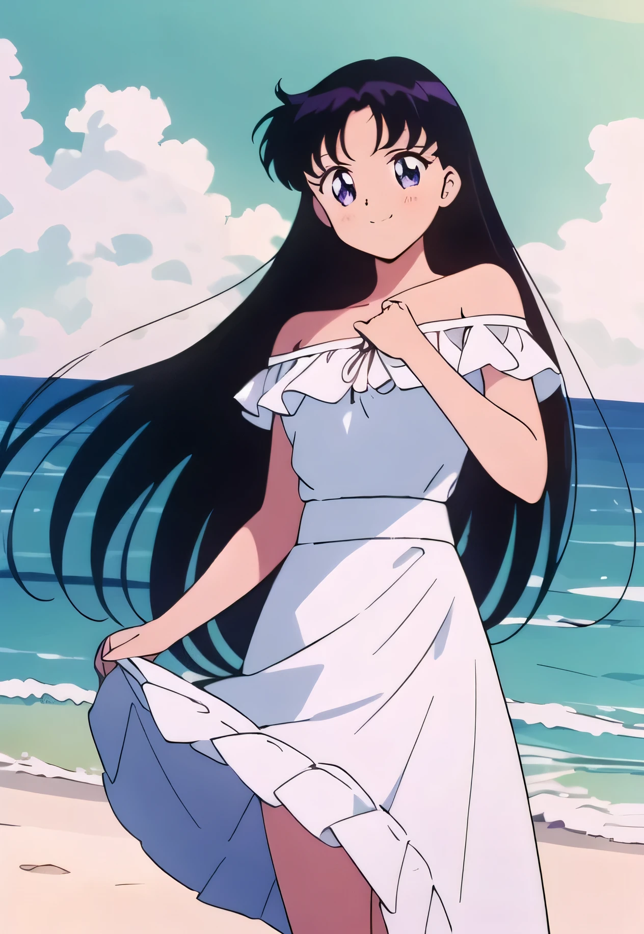(retro anime girl:1.2), (white dress:1.1), (masterpiece:1.2), (best quality), (ultra detailed), (8k,4k), (half body:1.2), (cowboy:1.2), (close up:1.2), (highly detailed:1.2), (Ruffle Off-the-shoulder top:1.4), (Maxi skirt:1.4), Rei Hino, 1 girl, solo, Best quality, masterpiece, High Definition, Small Breast, Teenager, Purple Eyes, Beautiful Detail Eyes, Black Hair, Long Hair, Good hands at sides, Smile, Her Mouth Opened, Blushing, Bare Neck, Bare Arms, Bare Shoulders, short sleeve, Strapless, White Ruffle Off-the-Shoulder Top, White Off-the-shoulder Dress, White maxi dress, walking on the beach with bare feets, Background, sun rises, Close up,