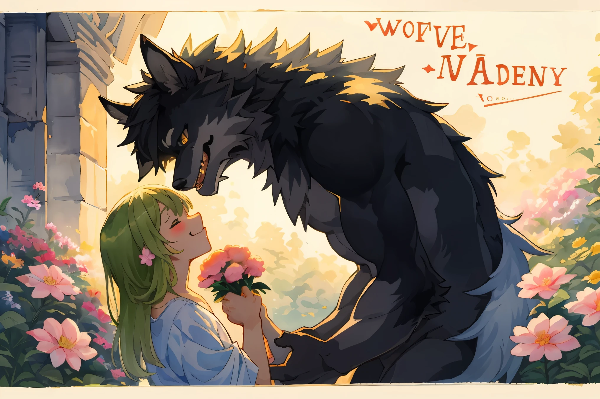 cover page, highres, top quality, best quality, paid reward available, unparalleled masterpiece, perfect artwork, absurdres, High-quality illustrations, watercolor, soft color, love story of human girl and giant Werewolf, werewolf who presents flowers to a girl, love romance, pair, Height difference, Physical difference, perfect anatomy, smile, happy,