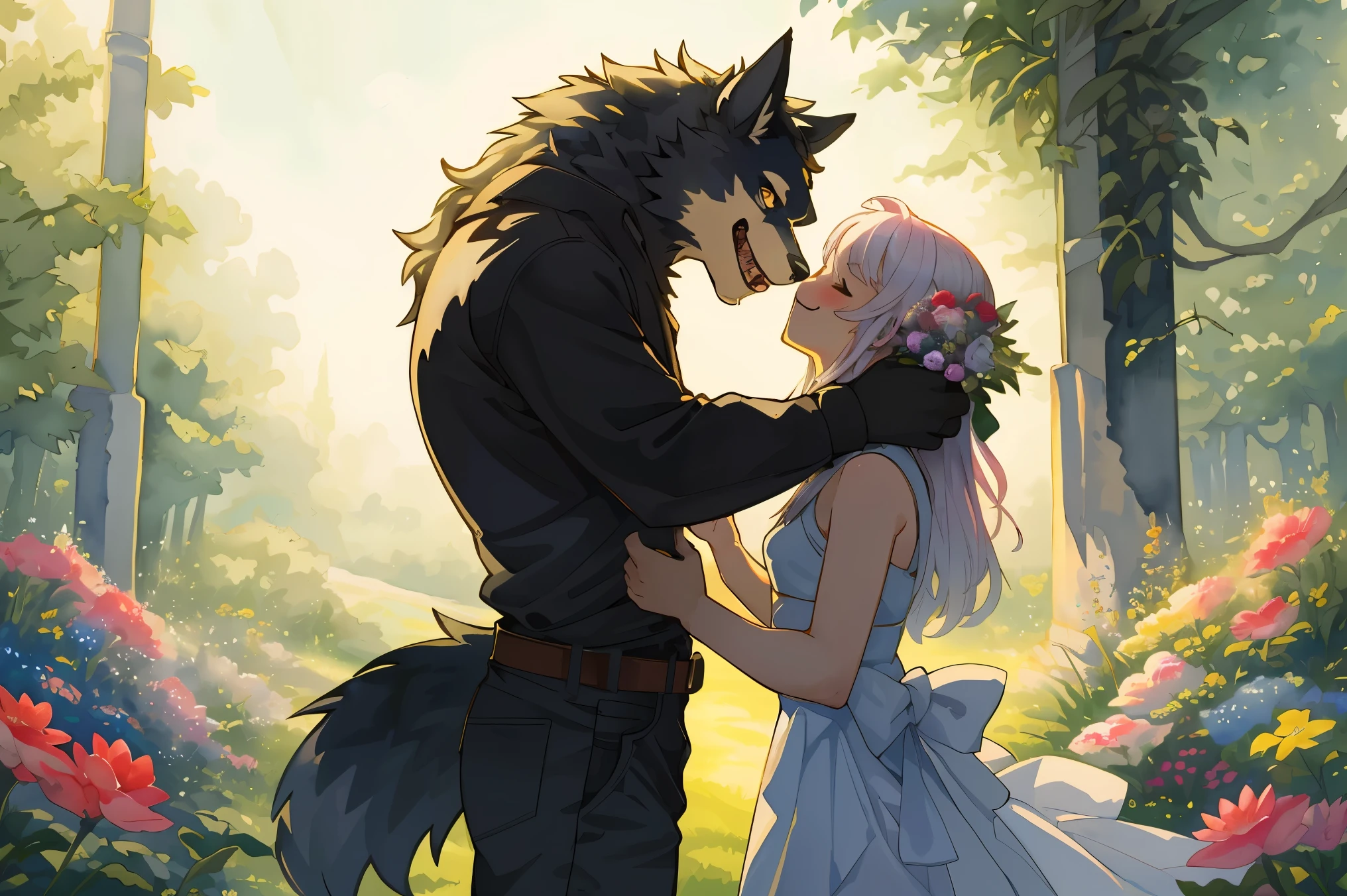 cover page, highres, top quality, best quality, paid reward available, unparalleled masterpiece, perfect artwork, absurdres, High-quality illustrations, watercolor, soft color, love story of human girl and giant Werewolf, werewolf who presents flowers to a girl, love romance, pair, Height difference, Physical difference, perfect anatomy, smile, happy,