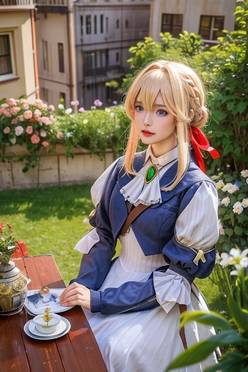 One Girl, (((Tabletop, highest quality))),(Realistic, Realistic), violet_evergarden, Cowboy Shot, Blonde,Braiding, Red hair ribbon, bangs, Short Blue Jacket, blue long sleeve, jewelry, blue eyes, brooch, Ascot, ((White long dress)), View your viewers, Upper Body, Outdoor, ((city)),((They want)) city landscape, green plants, Flowers,