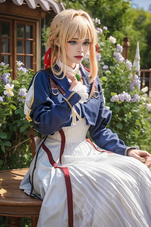 One Girl, (((Tabletop, highest quality))),(Realistic, Realistic), violet_evergarden, Cowboy Shot, Blonde,Braiding, Red hair ribbon, bangs, Short Blue Jacket, blue long sleeve, jewelry, blue eyes, brooch, Ascot, ((White long dress)), View your viewers, Upper Body, Outdoor, ((city)),((They want)) city landscape, green plants, Flowers,