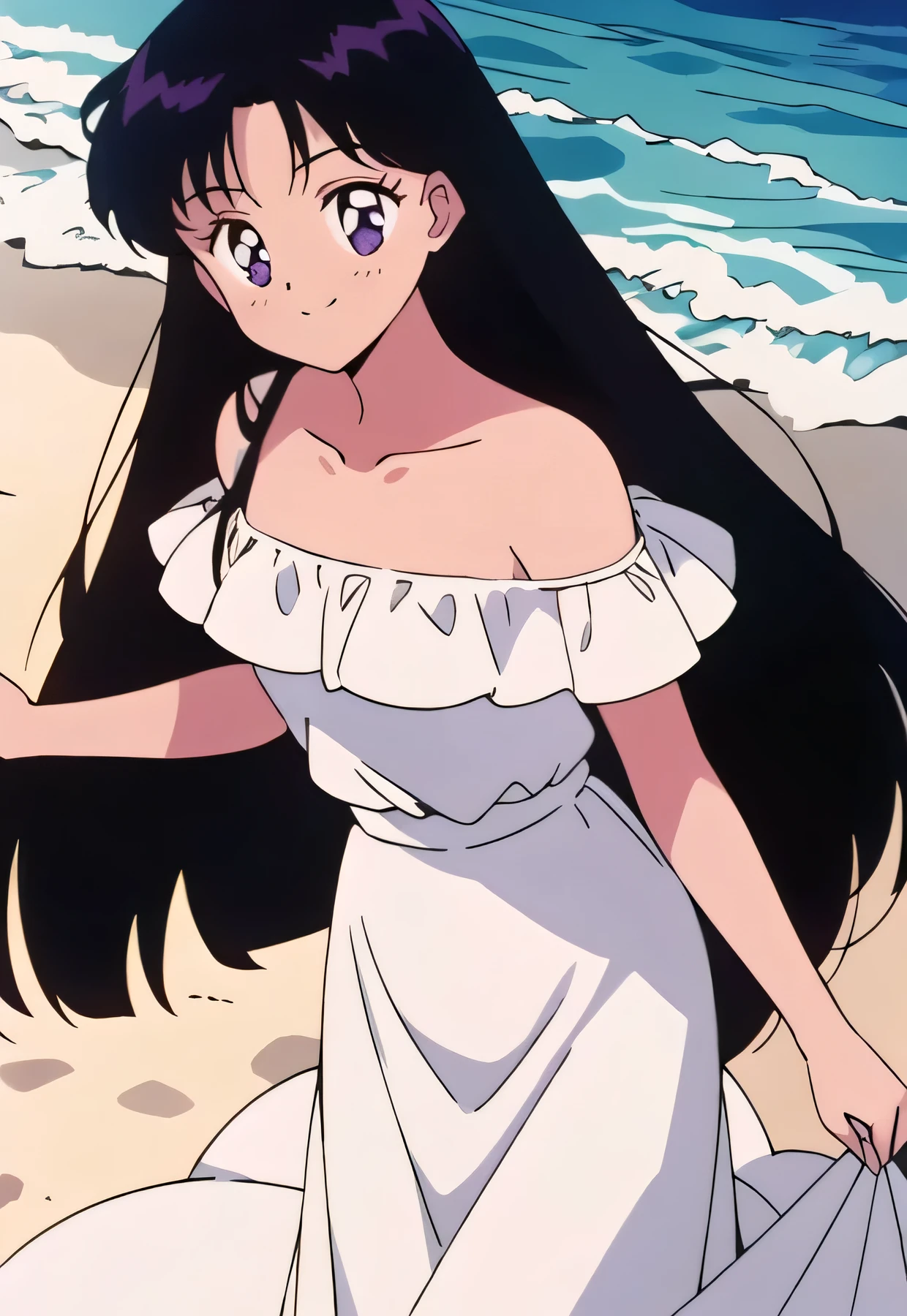 (retro anime girl:1.2), (white dress:1.1), (masterpiece:1.2), (best quality), (ultra detailed), (8k,4k), (half body:1.2), (cowboy:1.2), (close up:1.2), (highly detailed:1.2), (Ruffle Off-the-shoulder top:1.4), (Maxi skirt:1.4), Rei Hino, 1 girl, solo, Best quality, masterpiece, High Definition, Small Breast, r, Purple Eyes, Beautiful Detail Eyes, Black Hair, Long Hair, Good hands at sides, Smile, Her Mouth Opened, Blushing, Bare Neck, Bare Arms, Bare Shoulders, short sleeve, Strapless, White Ruffle Off-the-Shoulder Top, White Off-the-shoulder Dress, White maxi dress, walking on the beach with bare feets, Background, sun rises, Close up,