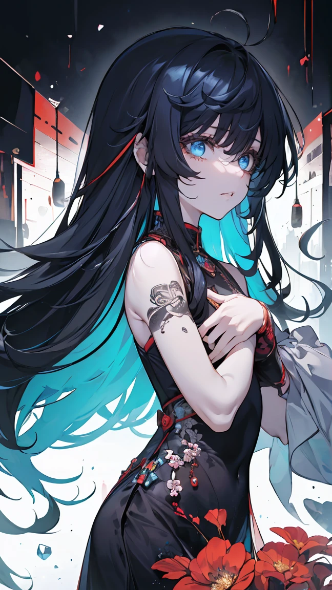 ((8k resolution))、((best quality))、((masterpiece))、((super detailed))((((dramatic))), (((rough feeling))), (((intense)))、whole body、Misine series、rain、wetlands、reflection、twilight、tattoo、long hair、black hair、white、blue、peach、flower々、flower fire、sombras bem definidas、Lively, front,colorful,Have faith,Coil,Scenes,Bold,attract attention,clever、trend、I concentrate,Female Kirito