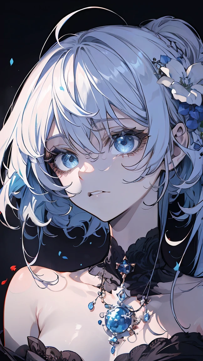 ((8k resolution))、((best quality))、((masterpiece))、((super detailed))((((dramatic))), (((rough feeling))), (((intense)))、whole body、Misine series、rain、wetlands、reflection、twilight、tattoo、long hair、black hair、white、blue、peach、flower々、flower fire、sombras bem definidas、Lively, front,colorful,Have faith,Coil,Scenes,Bold,attract attention,clever、trend、I concentrate,Female Kirito