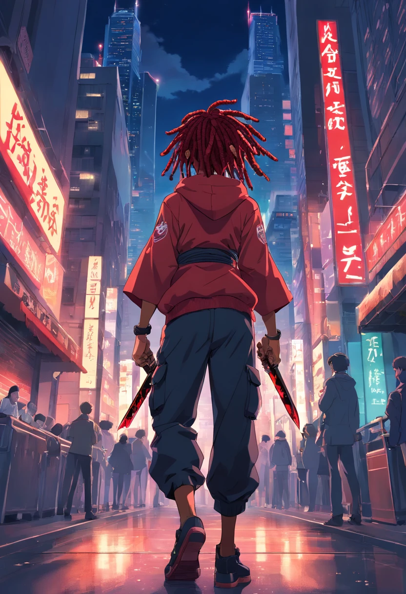 1man, African American, tall, short red dreads, wearing black jumpsuit with American 1st written on the back, red letters, hood on his head, samurai sword on his back and pistol on his belt, climbing a skyscraper, at night, city beautiful lights, darkness below him, looking down, scared 