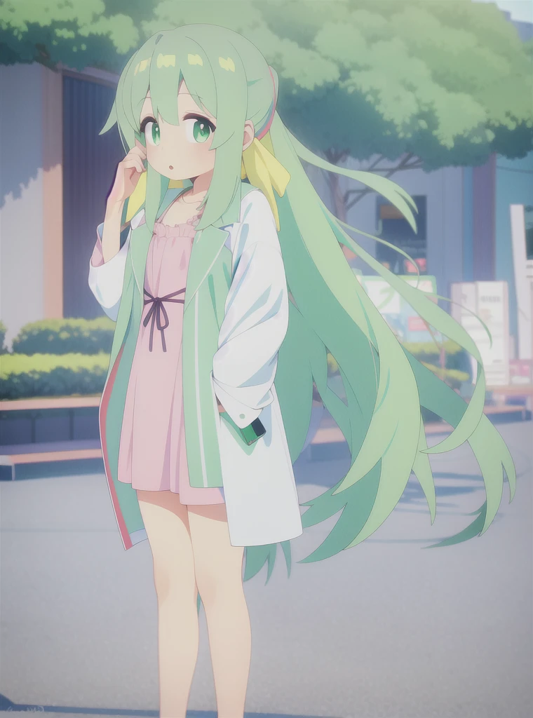 best quality, ultra high res, 1girl, (green hair:1.2), very long hair, solo, looking at viewer, outdoors