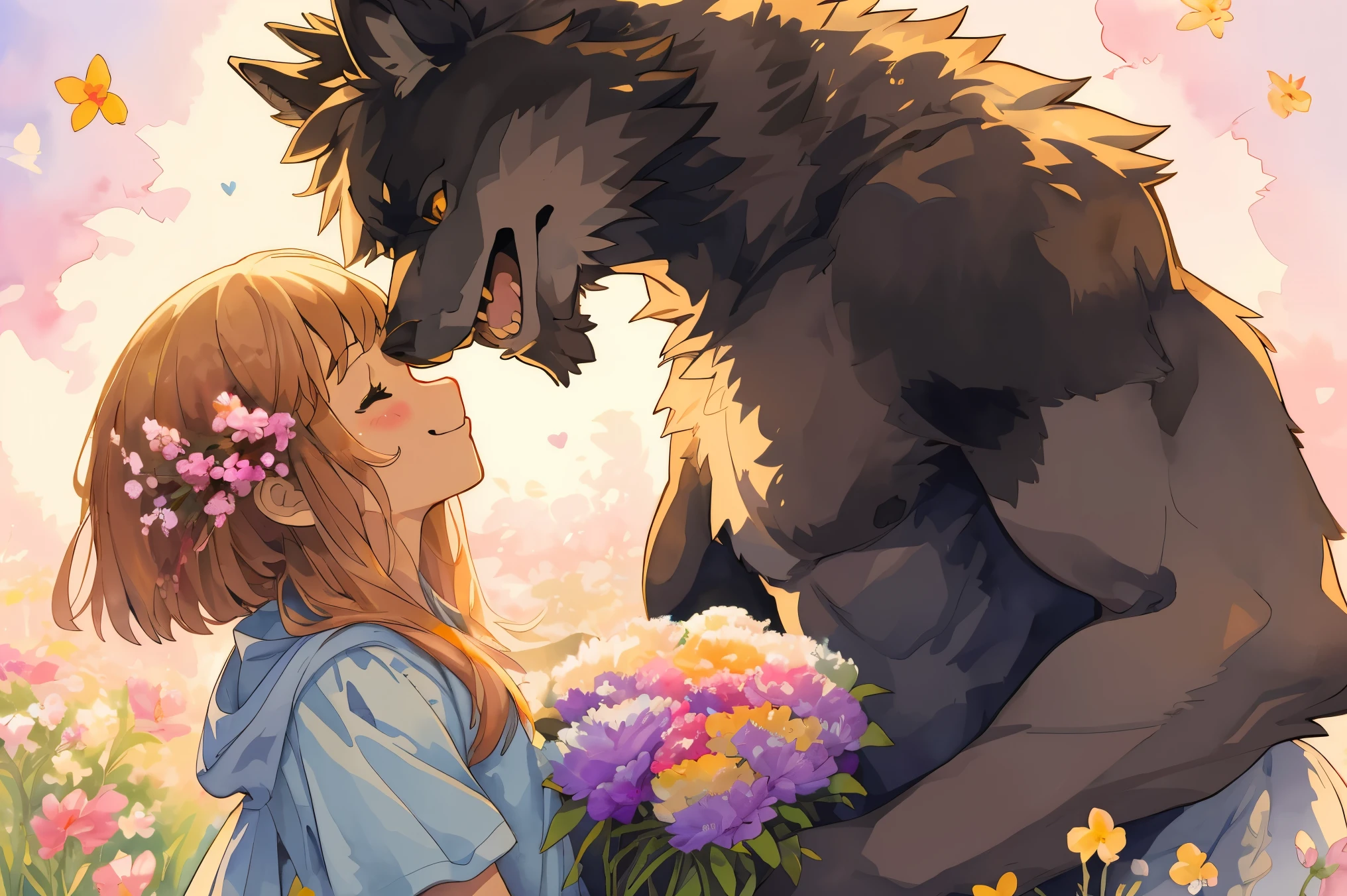 cover page, highres, top quality, best quality, paid reward available, unparalleled masterpiece, perfect artwork, absurdres, High-quality illustrations, watercolor, soft color, love story of human girl and giant Werewolf, werewolf who presents flowers to a girl, love romance, pair, Height difference, Physical difference, perfect anatomy, smile, happy,