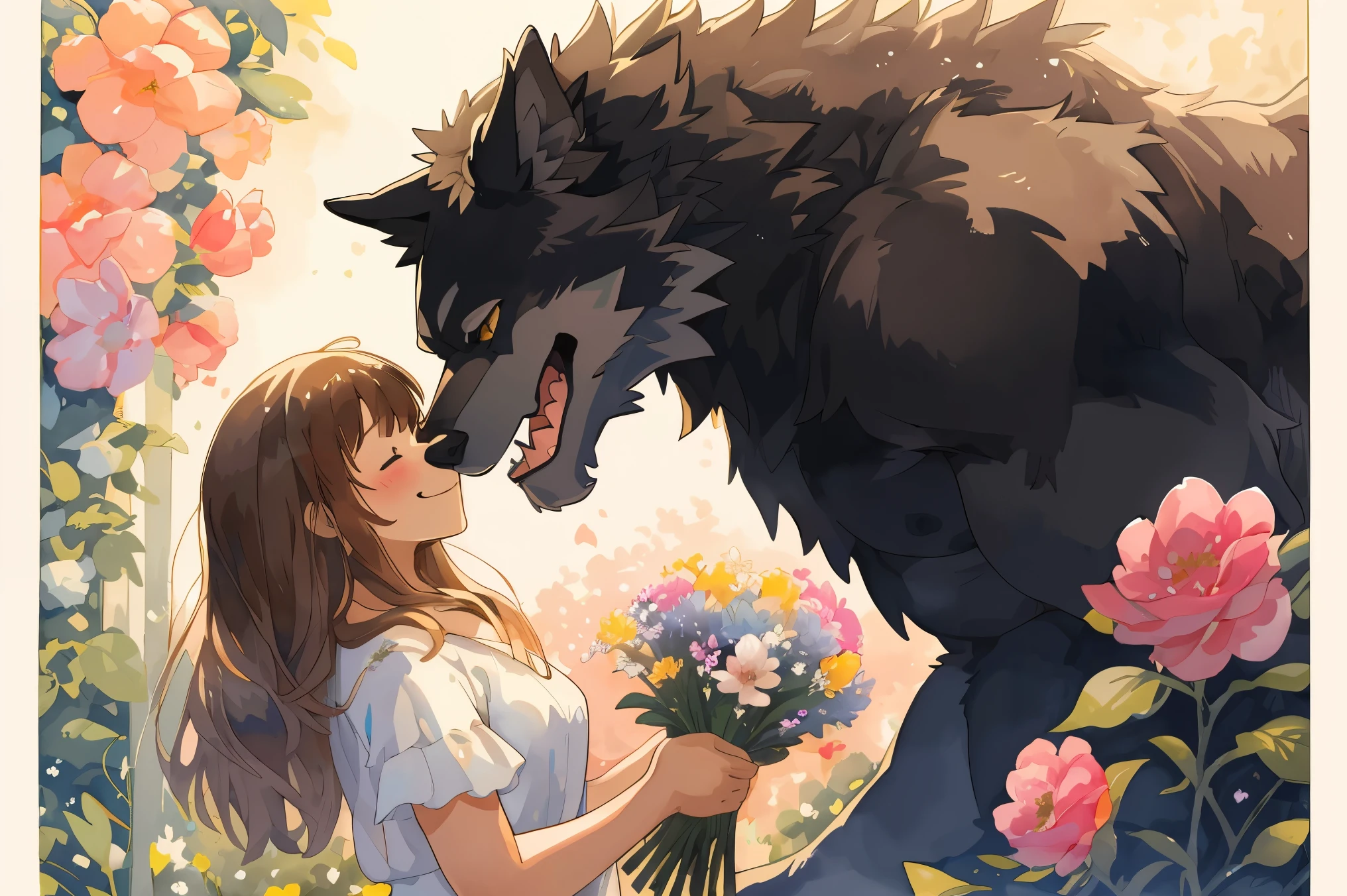 cover page, highres, top quality, best quality, paid reward available, unparalleled masterpiece, perfect artwork, absurdres, High-quality illustrations, watercolor, soft color, love story of human girl and giant Werewolf, werewolf who presents flowers to a girl, love romance, pair, Height difference, Physical difference, perfect anatomy, smile, happy,