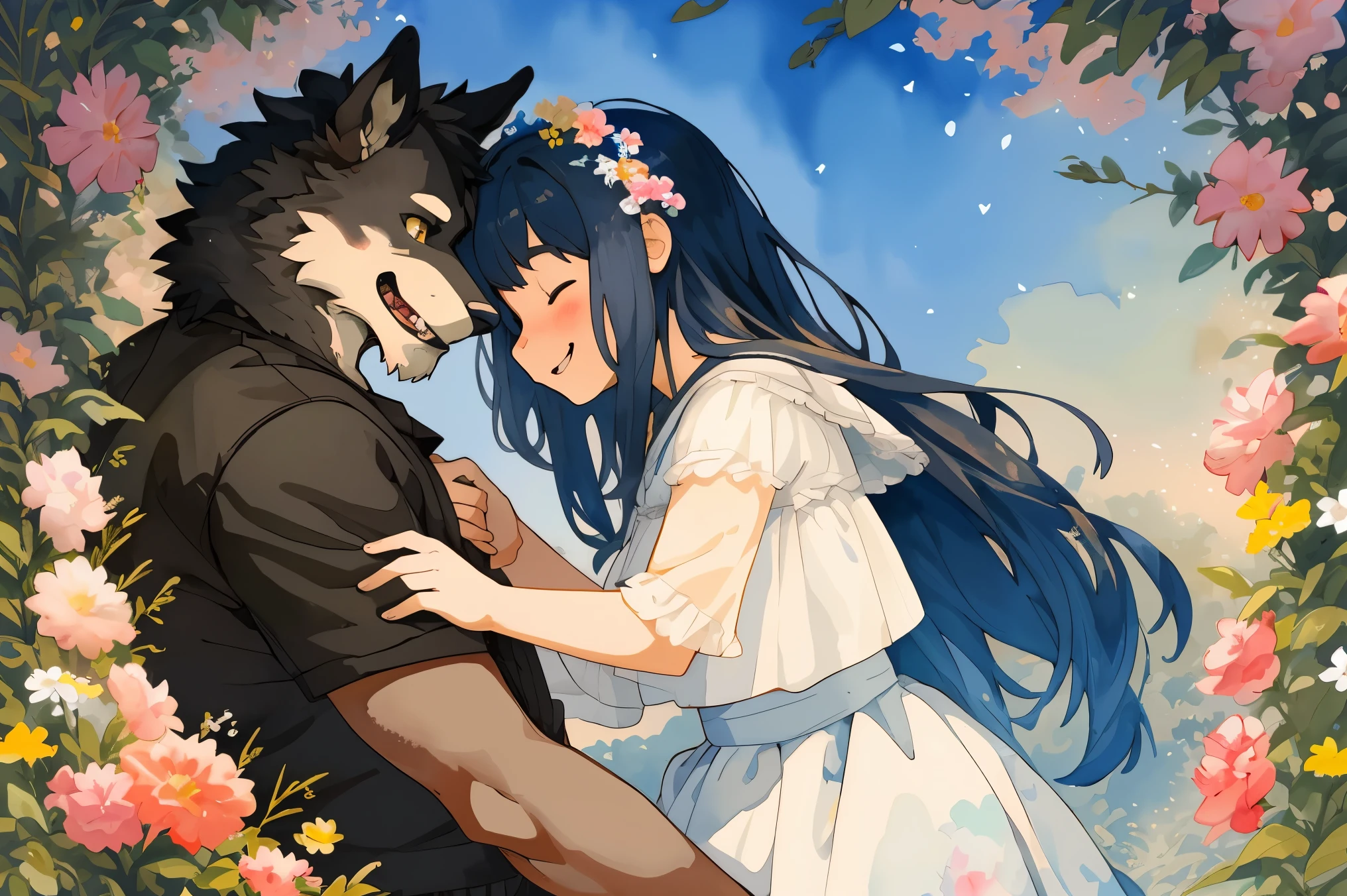 cover page, highres, top quality, best quality, paid reward available, unparalleled masterpiece, perfect artwork, absurdres, High-quality illustrations, watercolor, soft color, love story of human girl and giant Werewolf, werewolf who presents flowers to a girl, love romance, pair, Height difference, Physical difference, perfect anatomy, smile, happy,