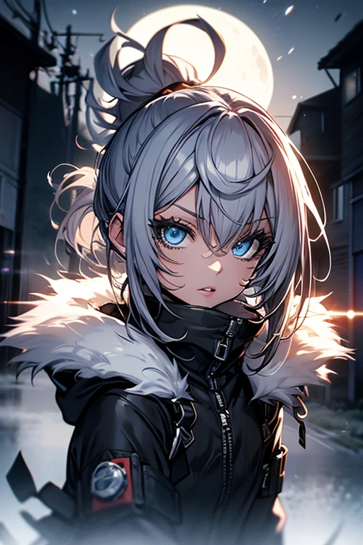 a woman, leggings, pleated skirt, sports top, high ponytail, high boots, long fur jacket, on a foggy moonlit night in a ghost town, detailed face, hyper detailed eye's, detailed lips, , with a metal chainned-colar in the neck, lineart