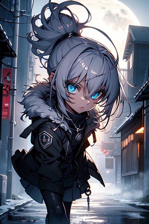 a woman, leggings, pleated skirt, sports top, high ponytail, high boots, long fur jacket, on a foggy moonlit night in a ghost town, detailed face, hyper detailed eye's, detailed lips, , with a metal chainned-colar in the neck, lineart