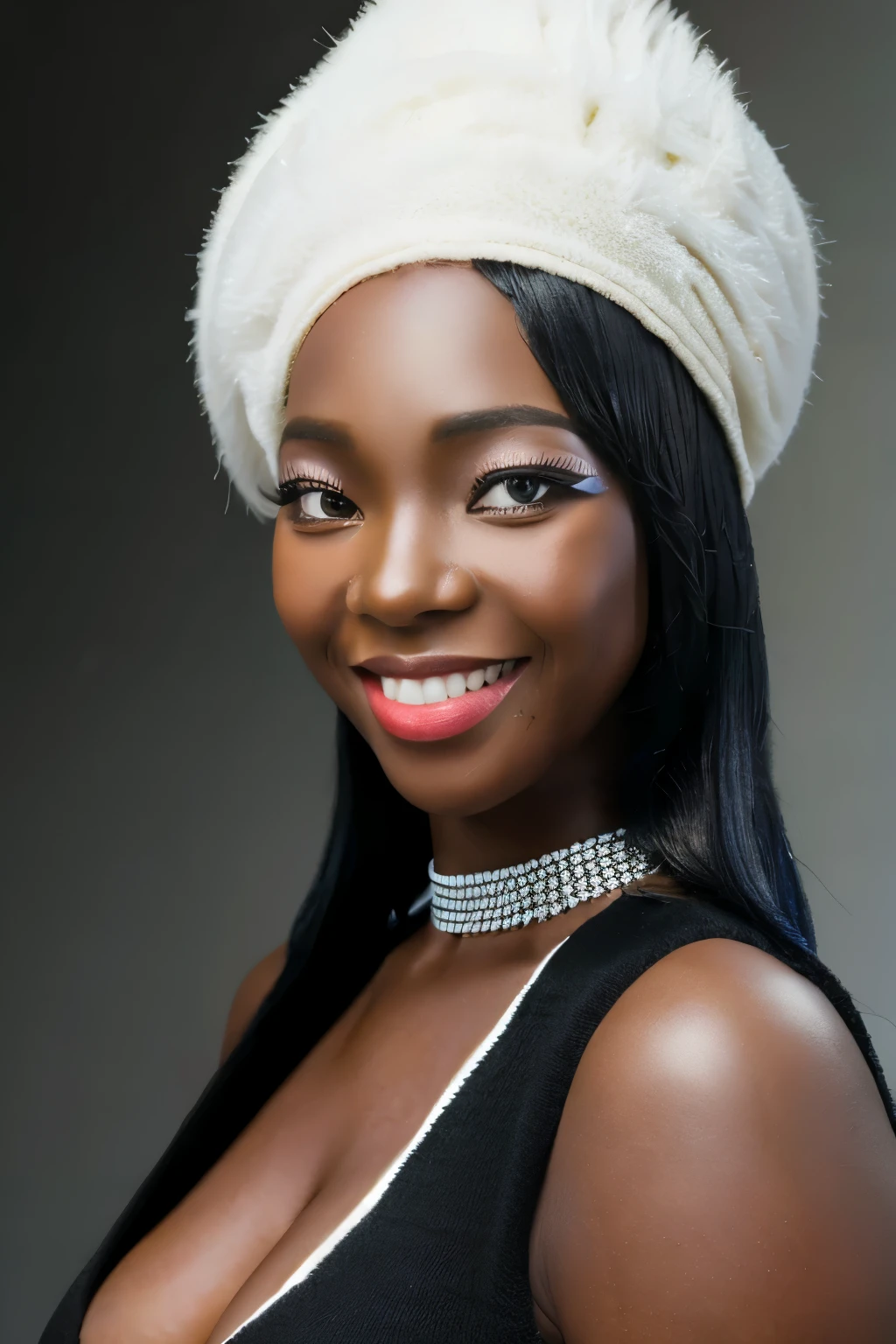 Tight close-up portrait of a beautiful African lady with a beautiful smile, curvy body, who's wearing a black bonestraight wig, masterpiece, 8k photorealism, well-detailed, wearing a beautiful outfit. studio setting, white  background, beauty queen, radiant smooth skin