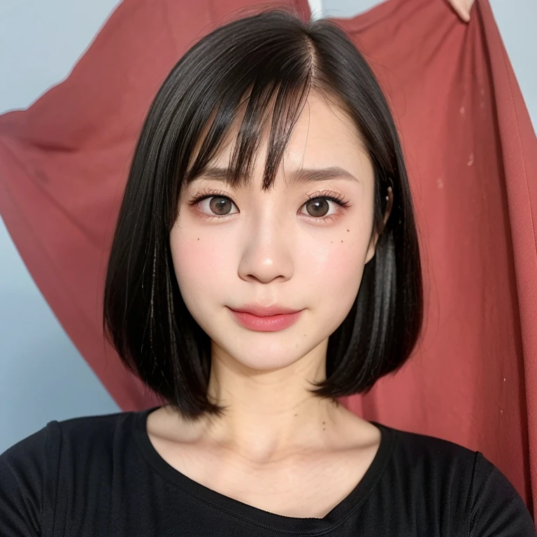 (kawaii 24 year-old Japanese girl, Nogizaka idol, Korean idol), (glossy black hair, messy very short hair, messy pixie cut, symmetric hair length, even length hair edges:1.3), (bangs), (extra rounded face, black eyes, single eyelid, no makeup, soft smiling:1.2), (wearing light blue t-shirt:1.3), (flat chest, extra small breasts:0.8), (looking at viewer:1.2), BREAK, (simple white background:1.3), (dynamic angle, portrait:1.3), BREAK, (masterpiece, best quality, photo realistic, official art:1.4), (UHD, 8K quality wallpaper, high resolution, raw photo, golden ratio:1.2), (shiny skin), professional lighting, physically based rendering, award winning, (perfect anatomy, highly detailed skin, extremely detailed face and eyes), Carl Zeiss 300 mm F/2.8, depth of field, 1girl, solo,