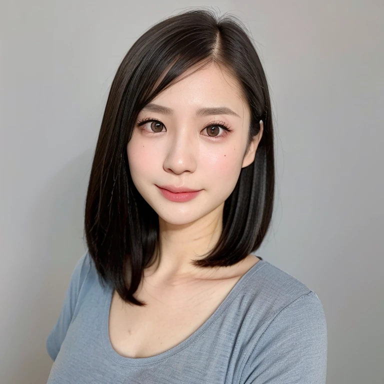 (kawaii 24 year-old Japanese girl, Nogizaka idol, Korean idol), (glossy black hair, messy very short hair, messy pixie cut, symmetric hair length, even length hair edges:1.3), (bangs), (extra rounded face, black eyes, single eyelid, no makeup, soft smiling:1.2), (wearing light blue t-shirt:1.3), (flat chest, extra small breasts:0.8), (looking at viewer:1.2), BREAK, (simple white background:1.3), (dynamic angle, portrait:1.3), BREAK, (masterpiece, best quality, photo realistic, official art:1.4), (UHD, 8K quality wallpaper, high resolution, raw photo, golden ratio:1.2), (shiny skin), professional lighting, physically based rendering, award winning, (perfect anatomy, highly detailed skin, extremely detailed face and eyes), Carl Zeiss 300 mm F/2.8, depth of field, 1girl, solo,