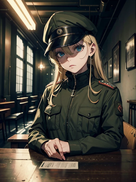 Masterpiece, Blonde black hair, Dark girl, Dystopian world, Military Cap, The military uniform is pale, Brown eyes, Closed clothing, He sits, Dark military table in the dining room, Bitter art in green iron lights, Dim white lights, Post-war dystopian cyberpunk