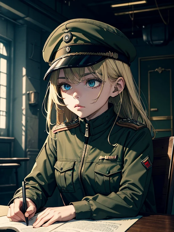 Masterpiece, Blonde black hair, Dark girl, Dystopian world, Military Cap, The military uniform is pale, Brown eyes, Closed clothing, He sits, Dark military table in the dining room, Bitter art in green iron lights, Dim white lights, Post-war dystopian cyberpunk