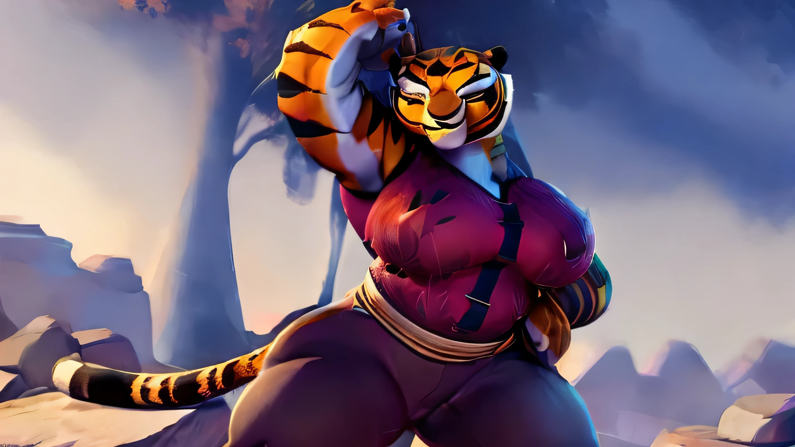 Sozinho, Female, , Mestre Tigresa, colete vermelho, black pants, bunda em forma, cauda de tigre, vista traseira, (nervoso), Sorriso, standing, fundo do castelo, corpo todo, alta qualidade, 8k, 3d, estilo dreamworks, bbw, gordinha, pernas grandes, peitos enormes, bunda enorme, peitos grandes