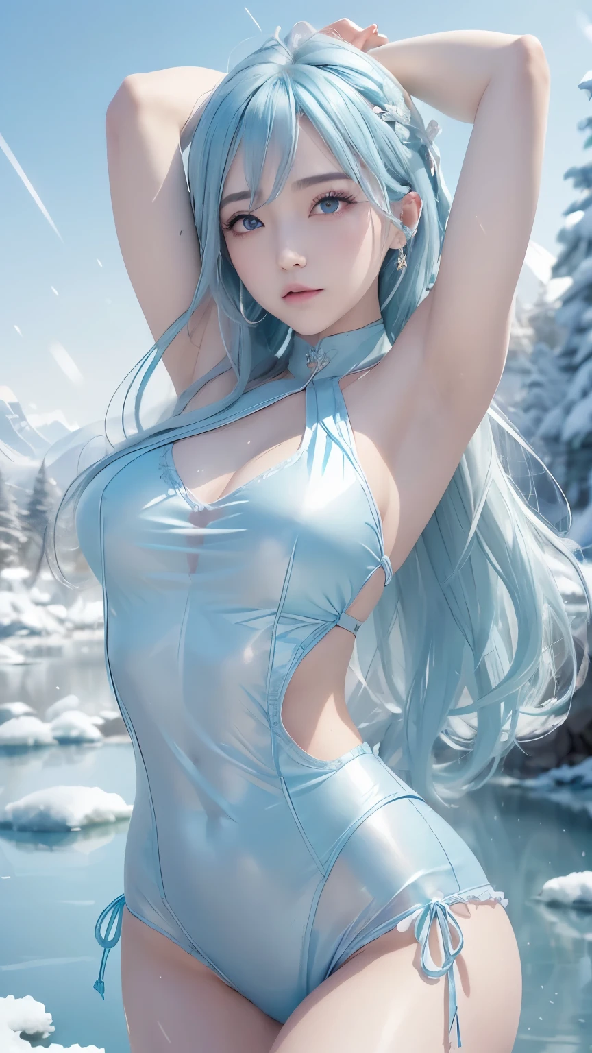 (logo、masterpiece、8k、Tabletop、RAW Photos、wonderful、最high quality、フォトリアルでVery detailedなCG統合8k壁紙、high quality、Very detailed、Narrative poem、Particle Effects、Dynamic Effects、Depth of text、Cinematic Light、Lens flare、Ray Tracing)、Fantasy、(1 beauty、Light blue hair、Beautiful Face、Real Face、Detailed eyes、Beautiful Skin、woman dancing gracefully:1.7、woman dancing gracefully:1.7)、Windになびく髪、髪弾む髪がWindに舞う、Hair Jump、Light blue halter top、Light blue leather pants suit、Light blue leather jacket、Silver Earrings、night、Wind、darkness、雪とhoarfrost、Frozen Winter Day、snow-capped mountains and forests、hoarfrost、Snow-capped mountain々、The beauty and brilliance of frost-covered trees、Silent and beautiful grasslands in a world of ice and snow、vast land、Lakeside、wonderful景色、美しい自然のWindの景色、night空、Wind、cherry blossoms、cherry blossomsの花びらが舞っている、cherry blossoms吹雪、Falling petals