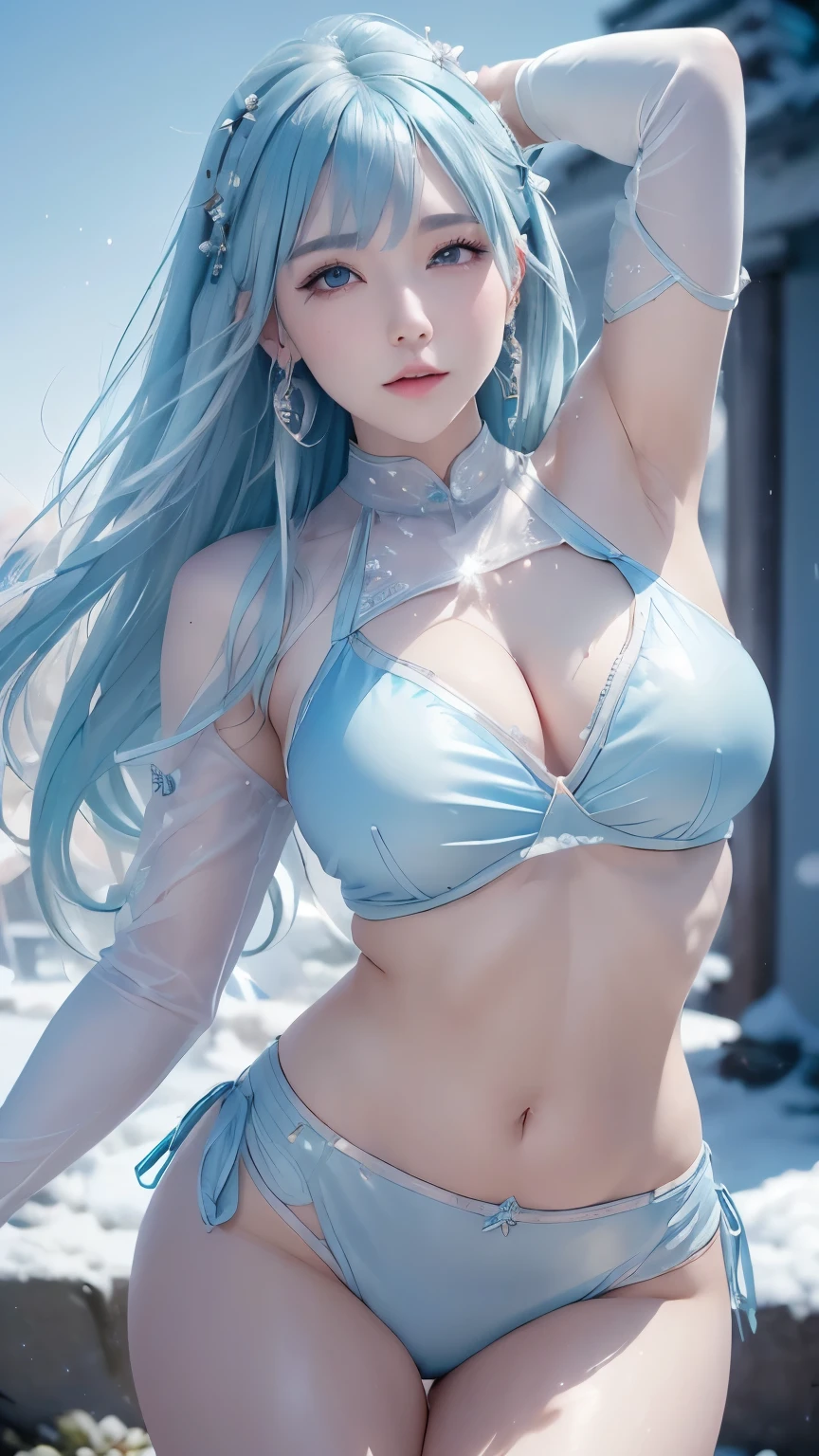 (logo、masterpiece、8k、Tabletop、RAW Photos、wonderful、最high quality、フォトリアルでVery detailedなCG統合8k壁紙、high quality、Very detailed、Narrative poem、Particle Effects、Dynamic Effects、Depth of text、Cinematic Light、Lens flare、Ray Tracing)、Fantasy、(1 beauty、Light blue hair、Beautiful Face、Real Face、Detailed eyes、Beautiful Skin、woman dancing gracefully:1.7、woman dancing gracefully:1.7)、Windになびく髪、髪弾む髪がWindに舞う、Hair Jump、Light blue halter top、Light blue leather pants suit、Light blue leather jacket、Silver Earrings、night、Wind、darkness、雪とhoarfrost、Frozen Winter Day、snow-capped mountains and forests、hoarfrost、Snow-capped mountain々、The beauty and brilliance of frost-covered trees、Silent and beautiful grasslands in a world of ice and snow、vast land、Lakeside、wonderful景色、美しい自然のWindの景色、night空、Wind、cherry blossoms、cherry blossomsの花びらが舞っている、cherry blossoms吹雪、Falling petals