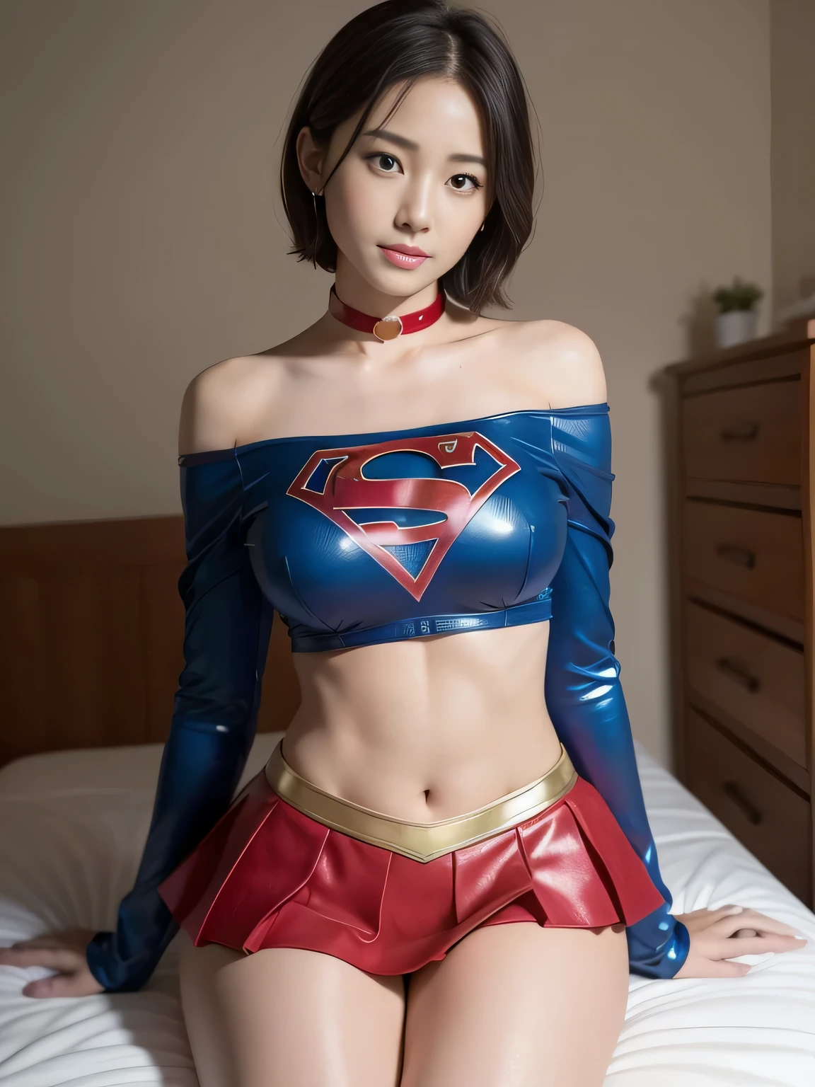 masterpiece、Supergirl Costume、short hair、barefoot、Big and ample 、Research Room、operating table、oil massagekin、Shiny、Look at the camera、Sexy poses to uce、Model Body Type、choker、Long sleeve、Red mini skirt、Cowgirl、Estrus、sweaty、Radff the shoulder、Alluring、charm、Enchanting、Fascinating、abused、