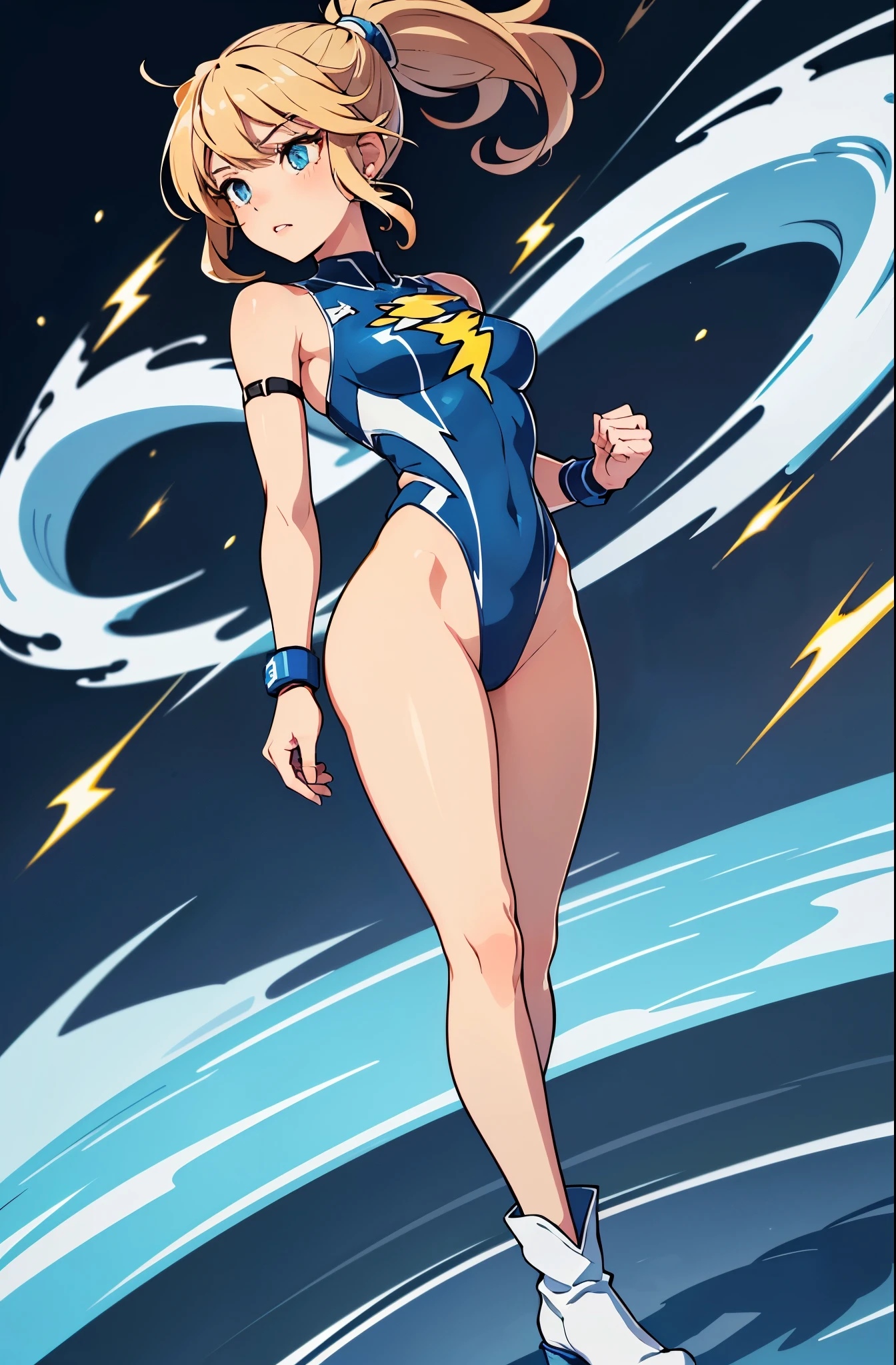 1girl, tall body, light blonde hair, aquamarine eyes, boots, breasts, bracelets, full body, hair ornament, ((shoulder-length hair, ponytail, bangs)), full body with costume, ((leotard, perfect leotard, gymnast_outfit leotard, white leotard with blue accents, bare legs)), hi-tech shoulder pads, (white boots), medium breasts, perfect hands, complete fingers, perfect anatomy, perfect proportions, solo, solo focus, superhero, ((blue lightning logo on chest)), beautiful detailed eyes, beautiful detailed face, age 18, asuka suit, full body portrait. She spins at an incredible speed, creating a whirlwind of air around her, spiral lines, wind around her
