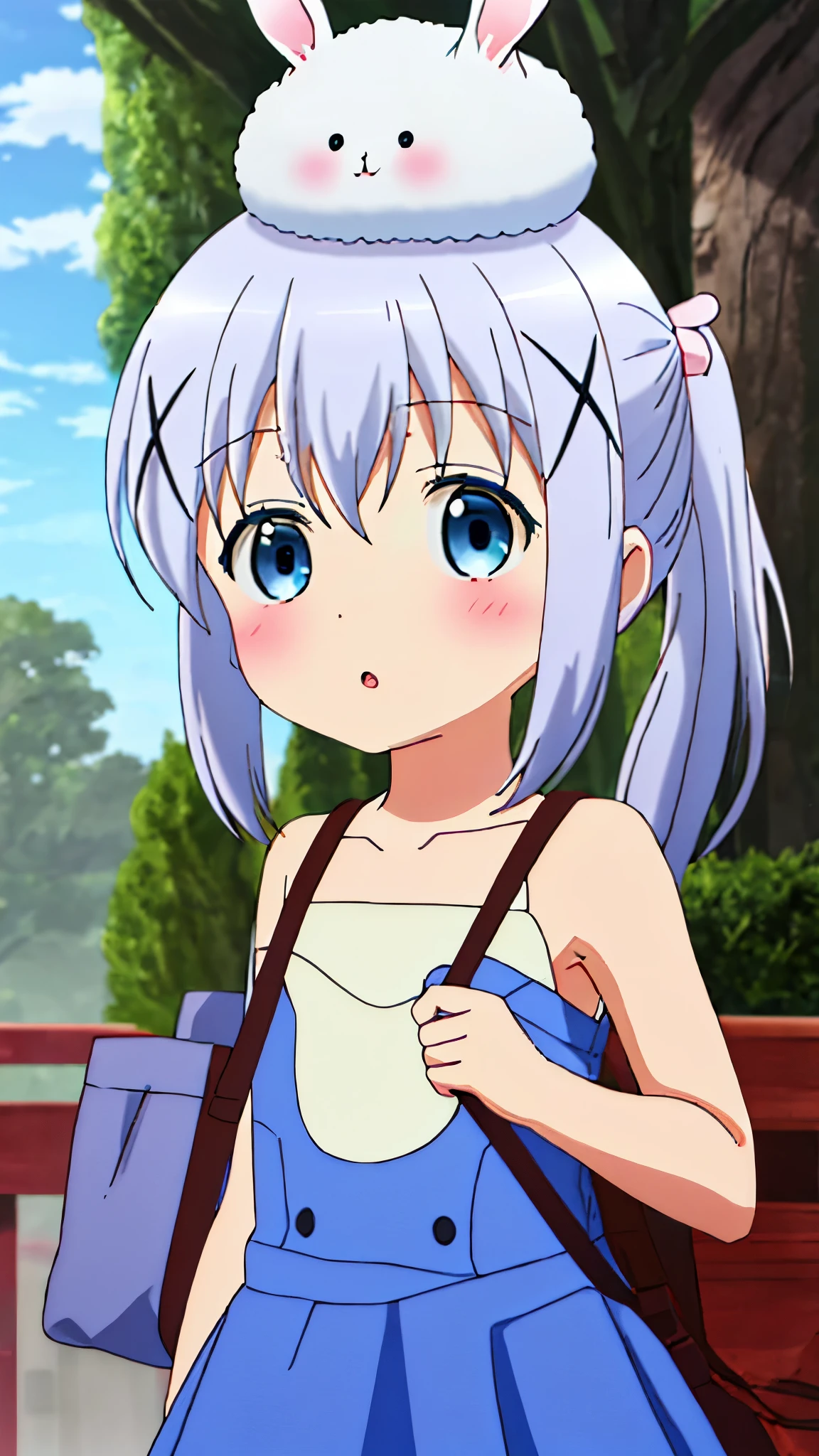 best quality, masterpiece, highres, solo, {kafuu_chino_istheorderarabbit:1.15}, blue_hair, long_hair, blue_eyes, x_hair_ornament, hair_ornament, blush, bangs, closed_mouth, hair_between_eyes, angora_rabbit, animal, animal_on_head, collarbone, day, on_head, outdoors, rabbit, bare_shoulders, sky, cloud, dress, light_blue_hair, looking_at_viewer, tree, upper_body, :o, bag, blue_dress, hairclip, ponytail, sidelocks, sleeveless, sleeveless_dress, solo_focus, 1girl, parted_lips (loli:1.5), (toddler:1.5). (upper body: 1.5) 