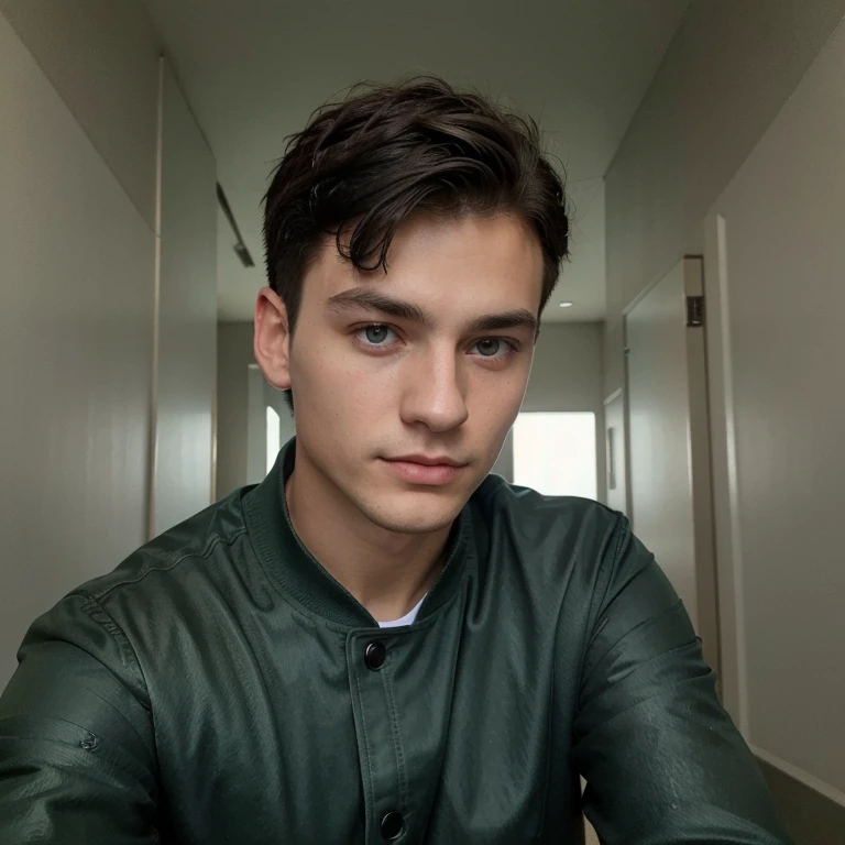 masterpiece, young 20 year old guy with dark hair, Very short haircut. Green spring jacket with dark gray shoulder pads. Blue eyes. Charisma perfect face. Clean shaved face. selfie. passport photo. Hollywood looks. Smooth, thin nose. Handsome hero