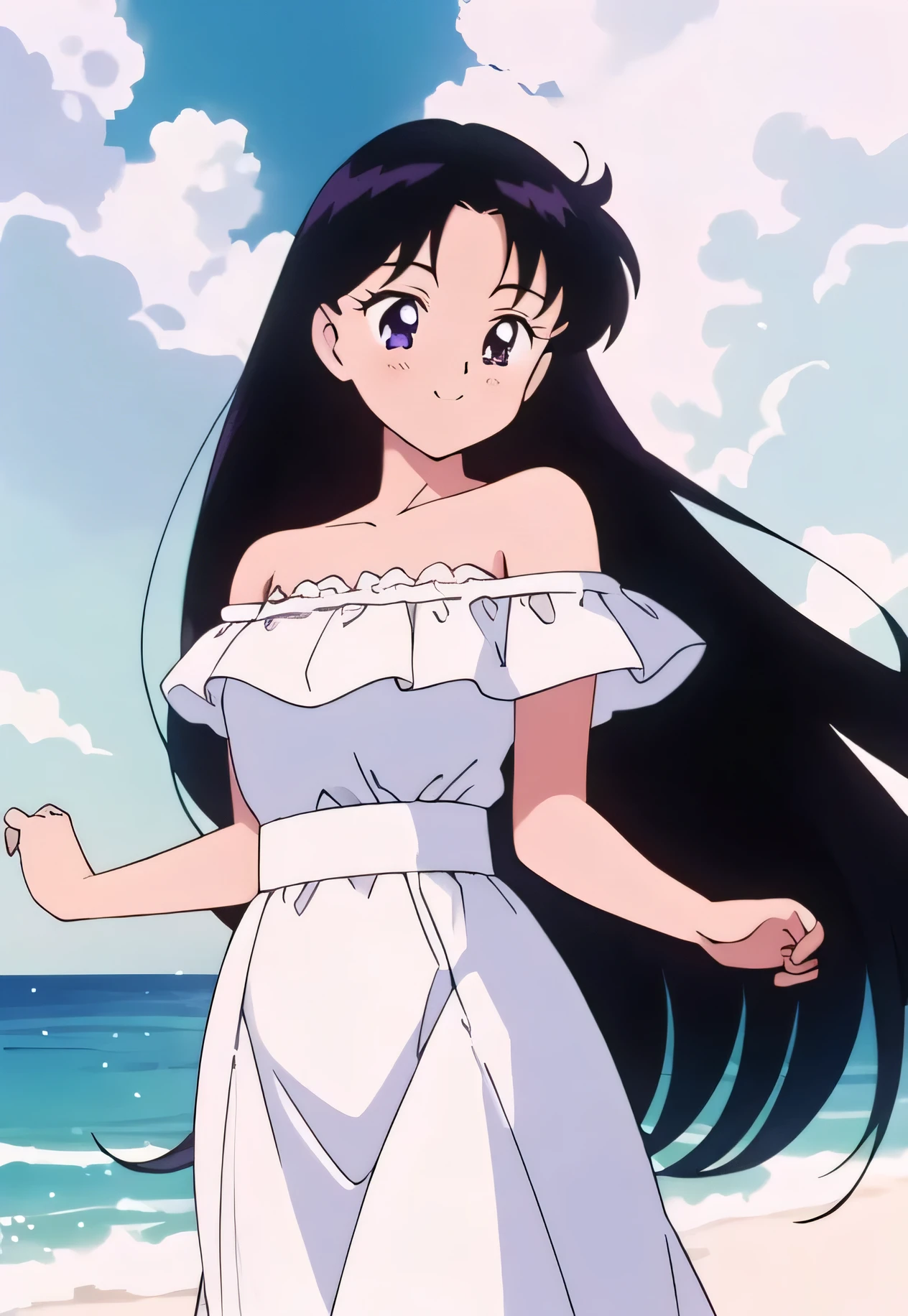 (retro anime girl:1.2), (white dress:1.1), (masterpiece:1.2), (best quality), (ultra detailed), (8k,4k), (half body:1.2), (cowboy:1.2), (close up:1.2), (highly detailed:1.2), (Ruffle Off-the-shoulder top:1.4), (Maxi skirt:1.4), Rei Hino, 1 girl, solo, Best quality, masterpiece, High Definition, Small Breast, r, Purple Eyes, Beautiful Detail Eyes, Black Hair, Long Hair, Good hands at sides, Smile, Her Mouth Open, Blushing, Bare Neck, Bare Arms, Bare Shoulders, short sleeve, Strapless, White Ruffle Off-the-Shoulder Top, White Off-the-shoulder Dress, White maxi dress, walking on the beach with bare feets, Background, sun rises, Close up,