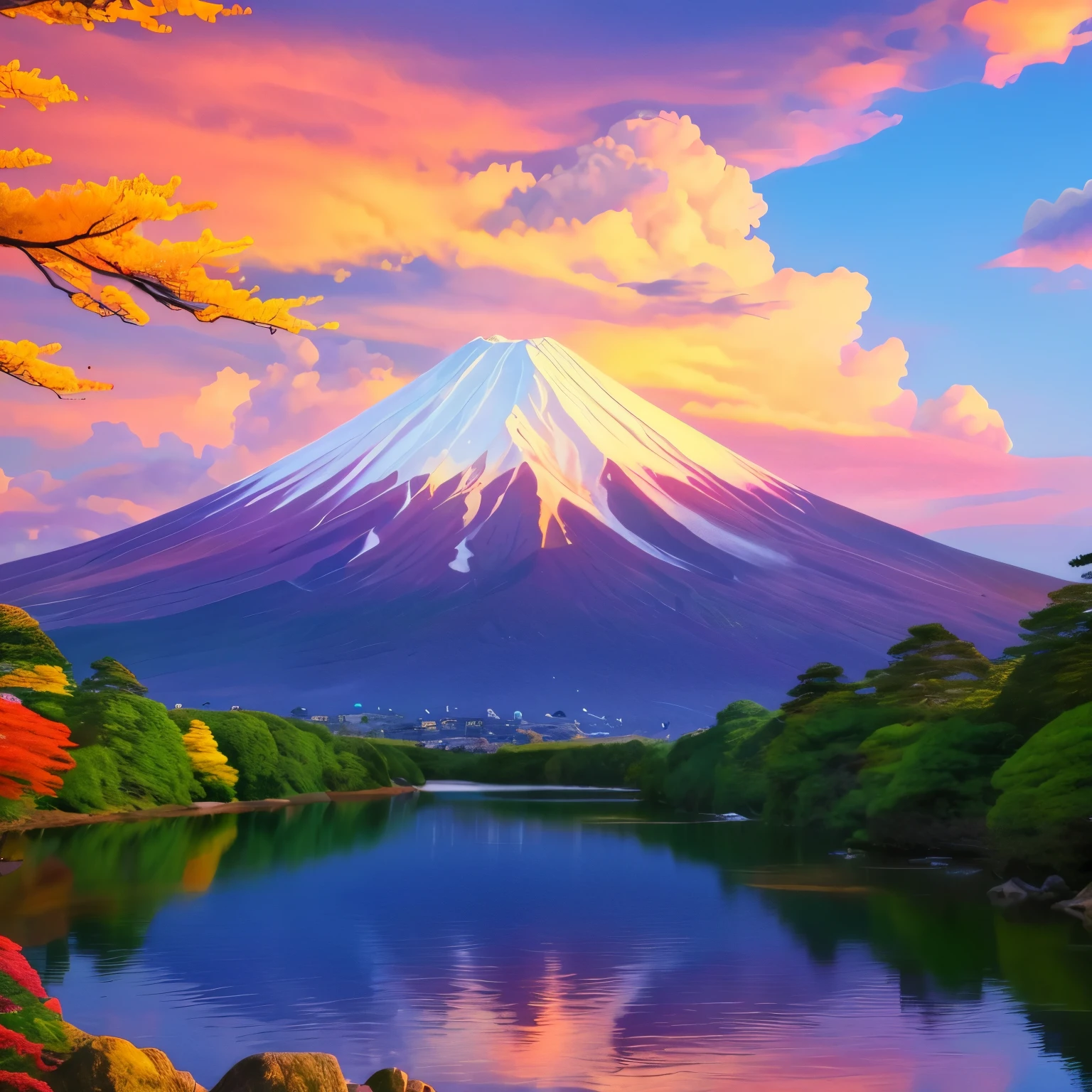 painting of a mountain with a lake and trees in front of it, mount fuji background, mount fuji on the background, mount fuji, mountain fuji on the background, japan nature, beatiful mountain background, japanese landscape, mt. fuji, fuji choko, detailed scenery —width 672, japan mountains, amazing wallpaper, anime nature, reflecting mount fuji