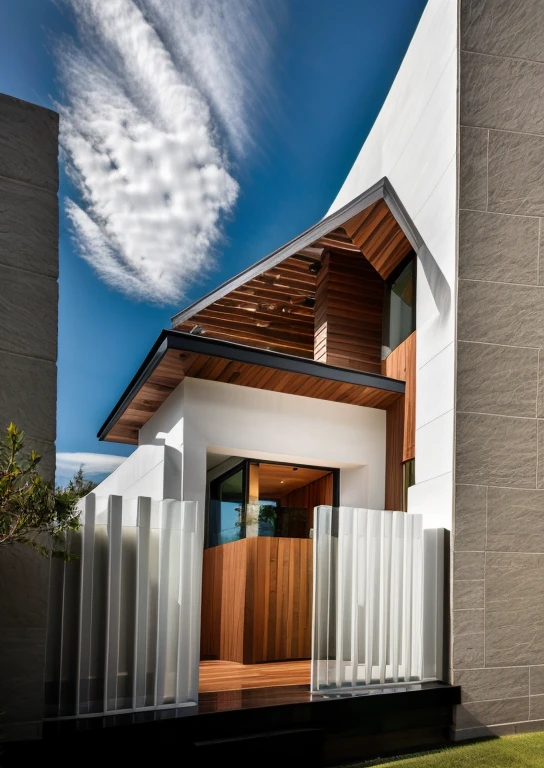 exterior house, contemporary style, white wall, wood wall, wood door, glass window, (realistic:1.2), Masterpiece, high quality, best quality, authentic, super detail, outdoors,road,pavement, grass, trees, sky, cloud, (daylight:1.1)