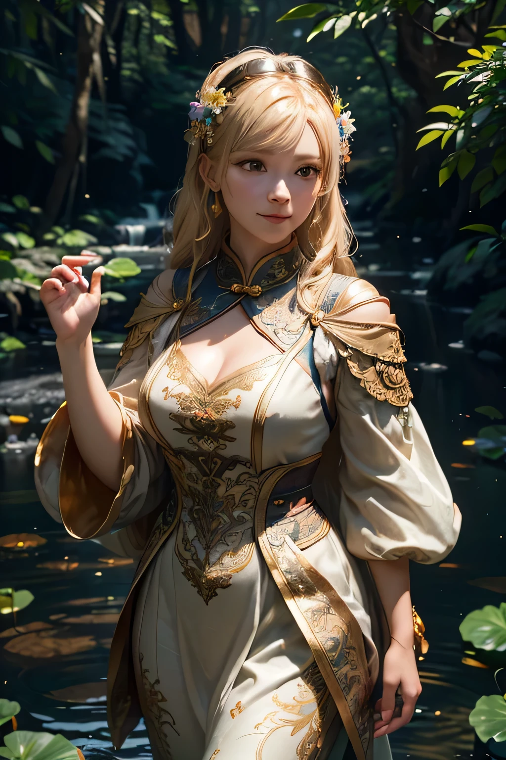 (Digital Art, Paper Embossing, Trees, River, Flowers, Lotus, A Blonde Haired Woman, Tender Smile, Elegant Dress, Beautiful Hair Accessories, With A In Arms, In Cute Pose (Chinese Color, Advanced Color Matching), (3D Sculpture, Octane Rendering, Volumetric Light, Natural Soft Light,), (Super Exquisite:1.2, Loss of Focus:1.2, Very Colorful, Film Lighting, chiaroscuro, ray tracing), Masterpiece, Super rich, super detailed, 8k