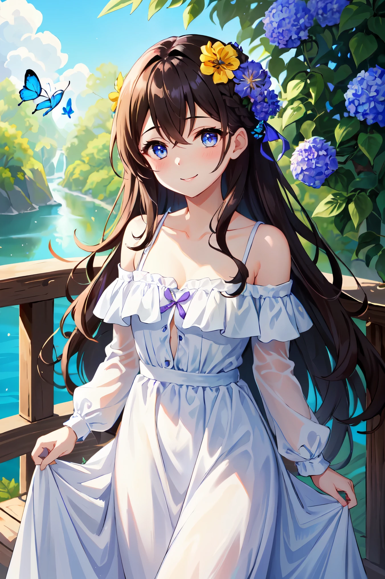 (highest quality), (masterpiece), (Super detailed), (High resolution), Production Art, One girl, flower, dress, blue eyes, alone, bug, Long Hair, butterfly, yellow flower, white dress, off-shoulder dress, hair ornaments, blush, hair flower, Braiding, Exposing shoulders, View your viewers, handrail, smile, bangs, Off the shoulder, plant, Mouth closed, purple flower, clavicle, brown hair, bird, animal, Hair between the eyes, very Long Hair, blue flower, frilled dress, Wavy Hair, red flower, Outdoor, Frills