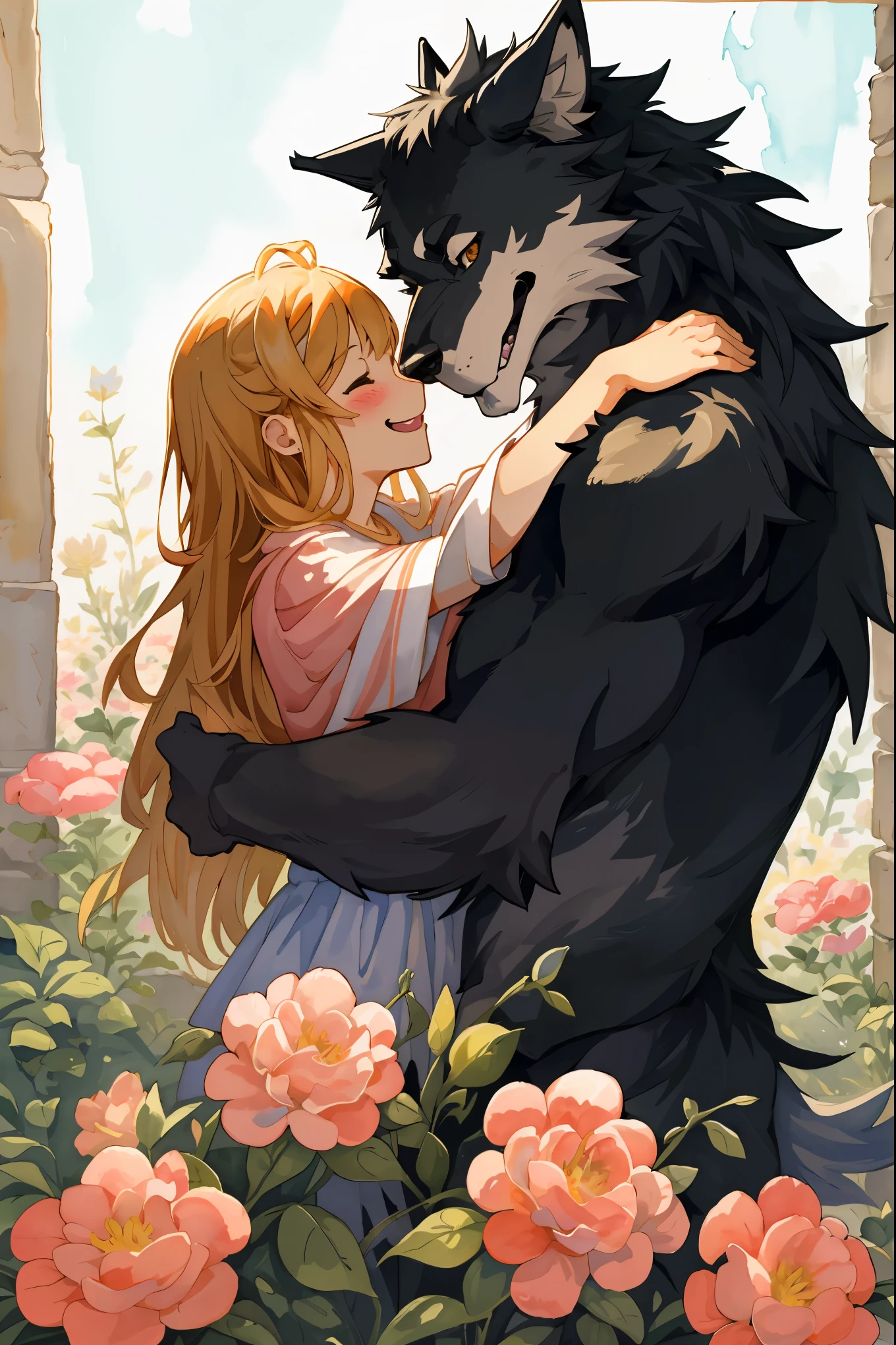 cover page, highres, top quality, best quality, paid reward available, unparalleled masterpiece, perfect artwork, absurdres, High-quality illustrations, watercolor, soft color, love story of human girl and giant Werewolf, werewolf who presents flowers to a girl, love romance, pair, Height difference, Physical difference, perfect anatomy, smile, happy,