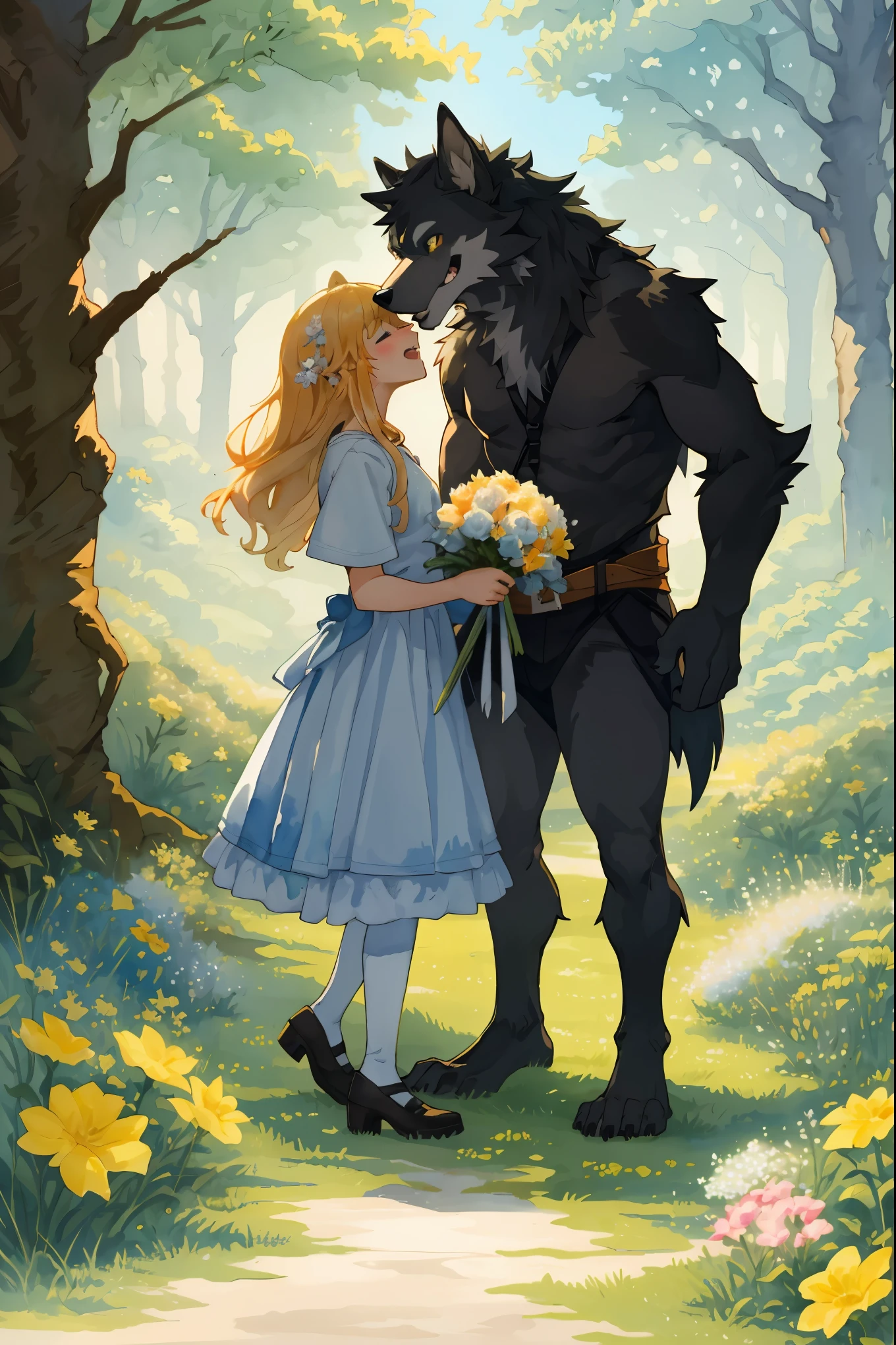 cover page, highres, top quality, best quality, paid reward available, unparalleled masterpiece, perfect artwork, absurdres, High-quality illustrations, watercolor, soft color, love story of human girl and giant Werewolf, werewolf who presents flowers to a girl, love romance, pair, Height difference, Physical difference, perfect anatomy, smile, happy,