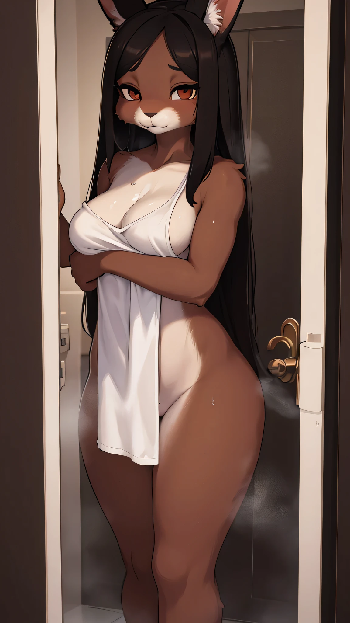 Furry woman, rabbit with brown fur with white spots, long black hair, Using a small towel wrapped around your body, coming out of the shower, wet, steam behind her, background with a door
