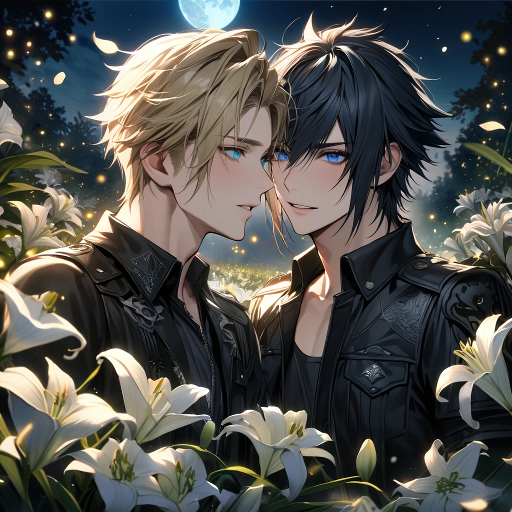 absurdres, highres, ultra detailed, HDR, master piece, best quality, Noctis Lucis Caelum, black hair, expressive blue eyes, Final Fantasy XV, Prompto Argentum, blond hair, expressive blue eyes, 2men together, gay couple, handsome, petals, white lilies, moon, fireflies, extremely detailed face and eyes