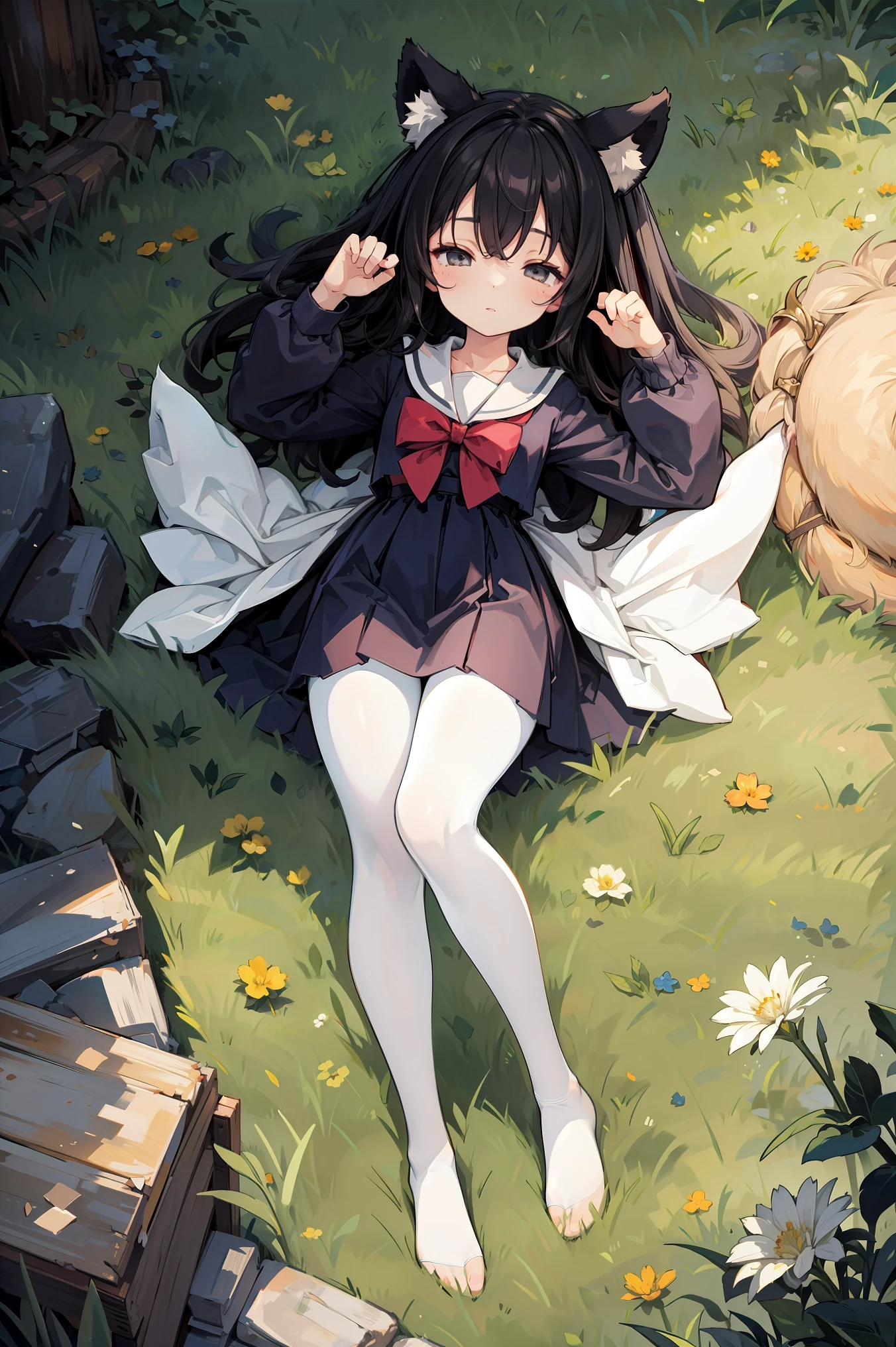 top-down view,from above, 1girl, animal_ears, grey eyes,paw pose,full body, lying,legs together, knees up, on back,on grass, from above,sailor dress,white_pantyhose, thick eyelashes, half-closed eyes, ,petite,mesugaki,loli,