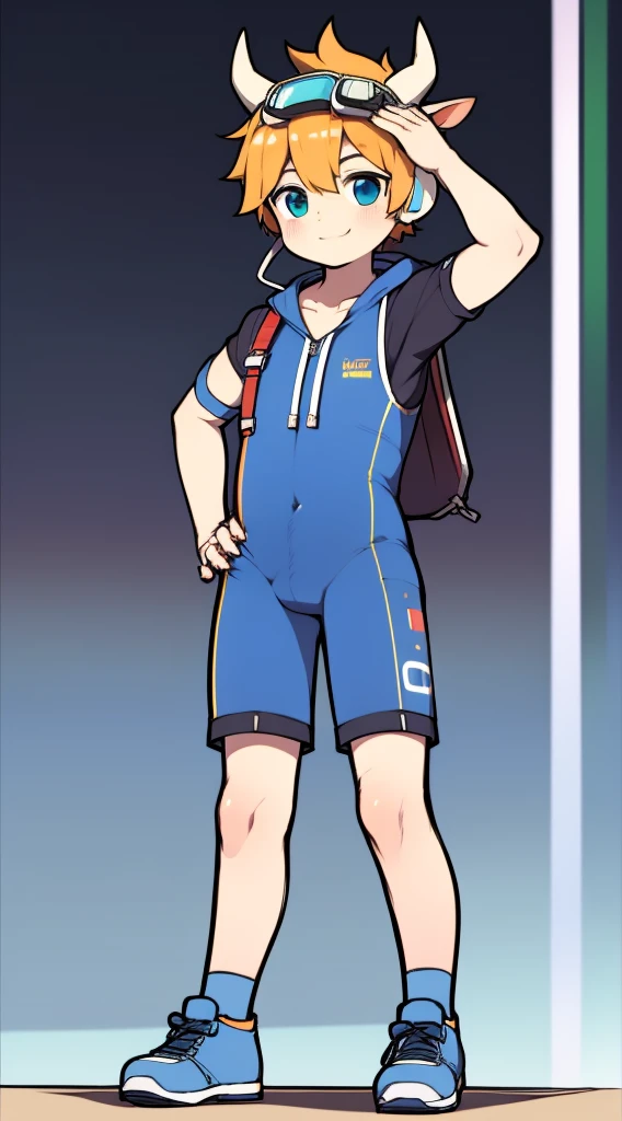 Two-dimensional boy，One-piece mountaineering suit，horn，cow ears，Put the headphones on your head，stand up，goggles，sports shoes，Slim，Smile，Sailor collar，Knee socks，Short sleeve，Leg ring