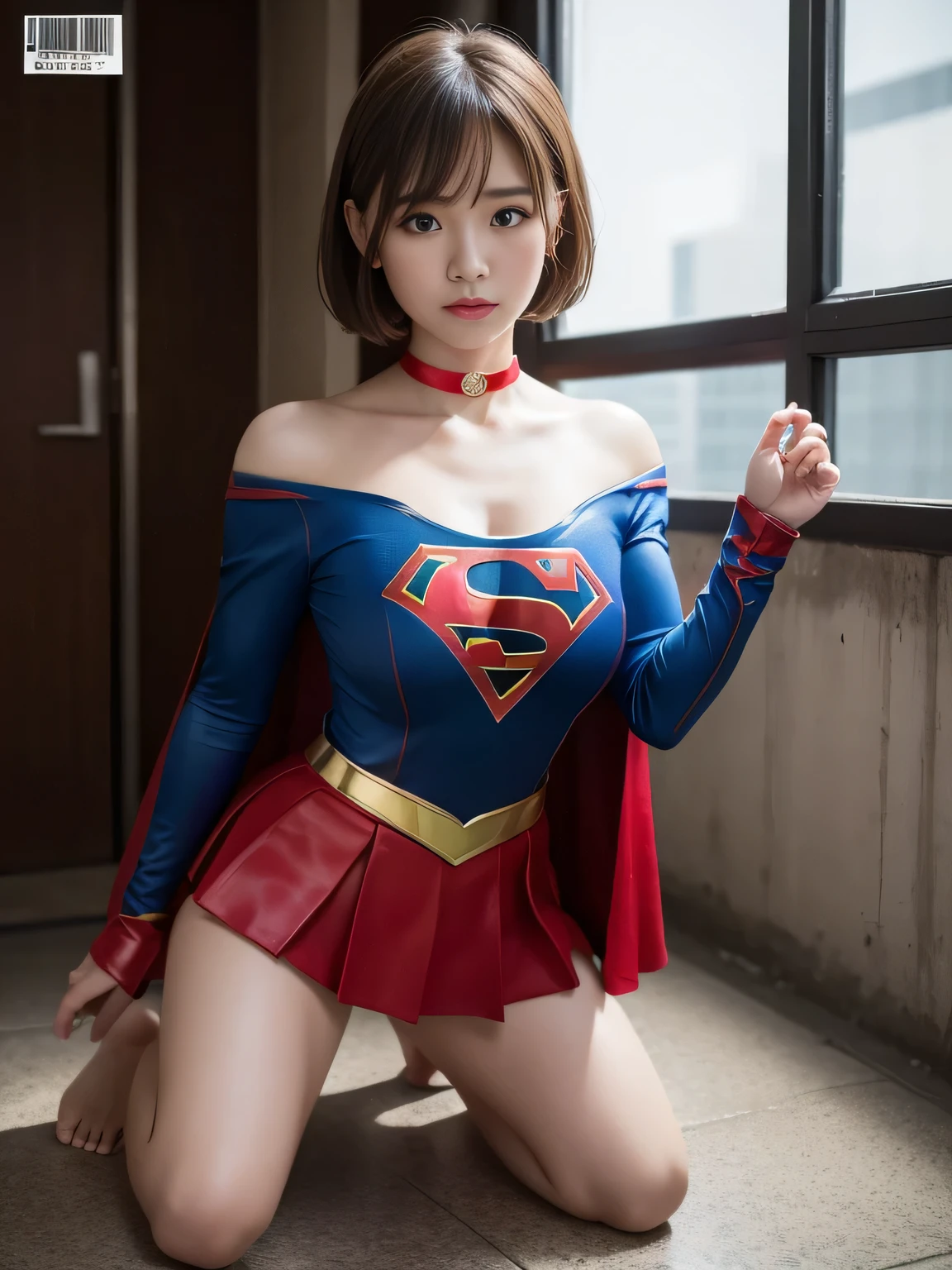 masterpiece、Supergirl Costume、short hair、barefoot、Big and ample breasts、Crisis situation、prison、camp、Kneel、Sweaty、Shiny、Look at the camera、provoke、Estrus、choker、Weekly magazine cover、Long sleeve、Red mini skirt、Humiliating、Seductive pose、Alluring、Off the shoulder、Model Body Type、Oily Skin、charm、Enchanting、abused、underground imprisonment、