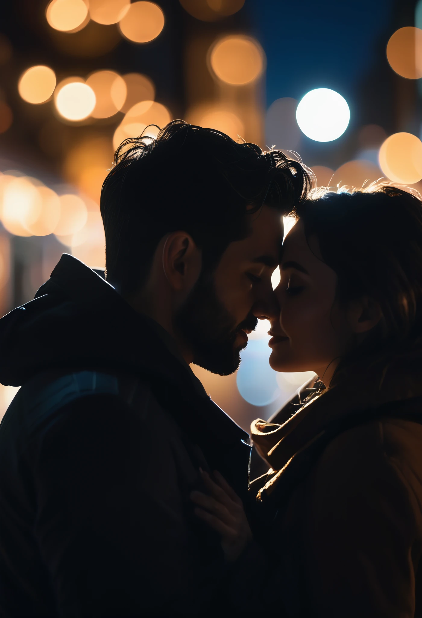 hyper realistic close-up image, dark silhouette of a couple affectionately hugged  at night, bokeh light effects, lens flare effects, on a great city, 8k resolution, dramatic lighting, depht blur , greg rutkowsky style, raw photo