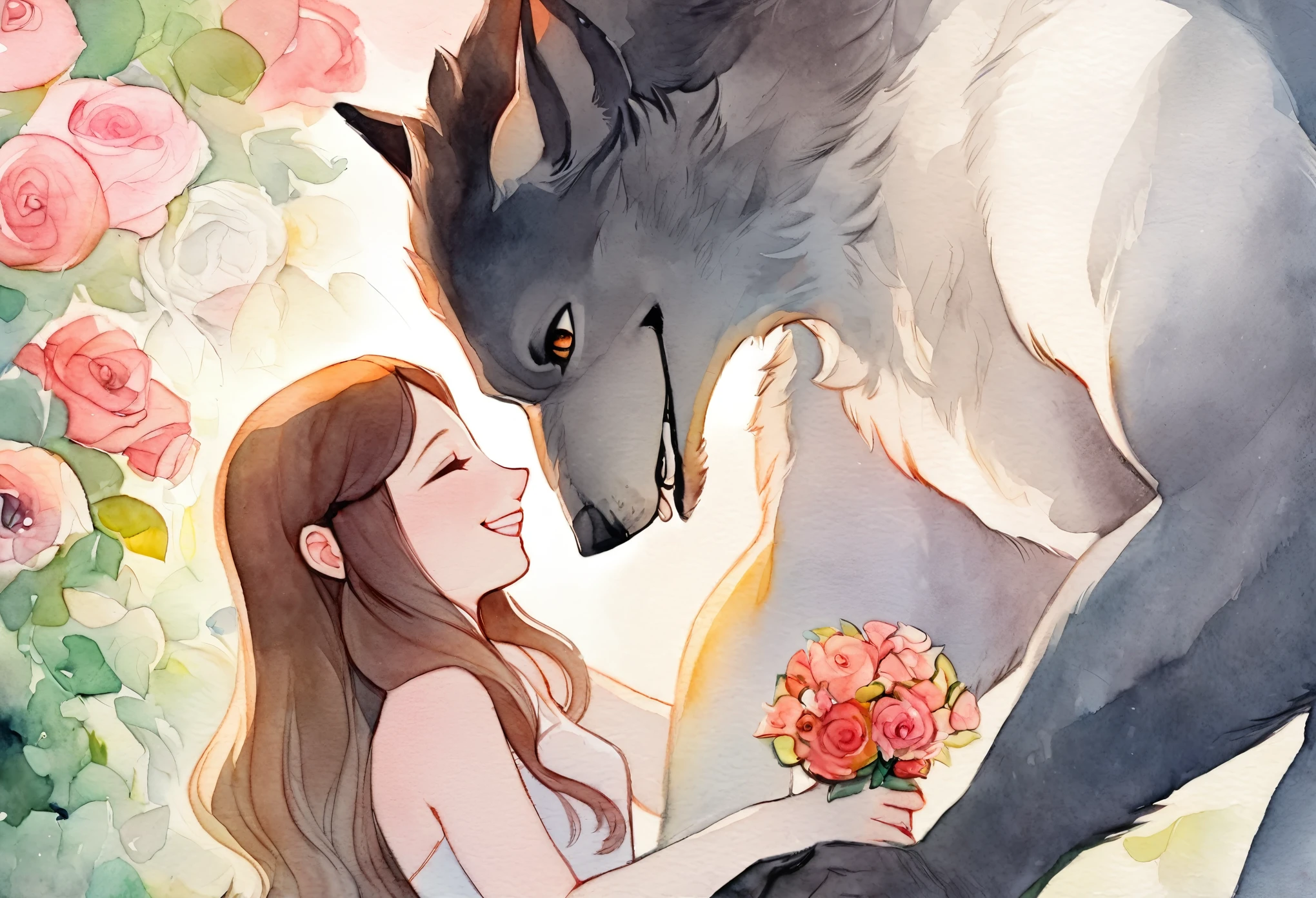 cover page, highres, top quality, best quality, paid reward available, unparalleled masterpiece, perfect artwork, absurdres, High-quality illustrations, watercolor, soft color, love story of human girl and giant Werewolf, werewolf who presents flowers to a girl, love romance, pair, Height difference, Physical difference, perfect anatomy, smile, happy,