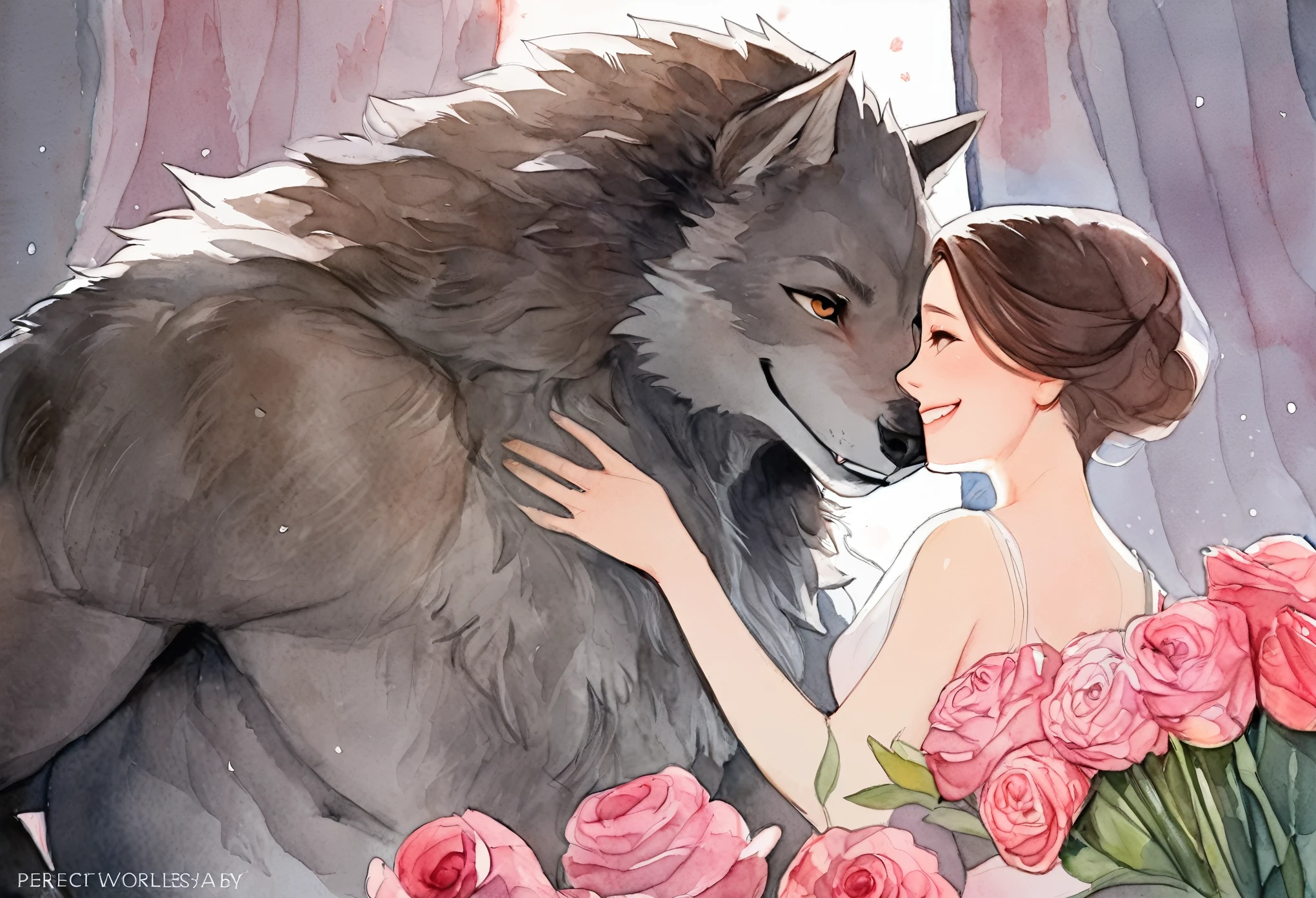 cover page, highres, top quality, best quality, paid reward available, unparalleled masterpiece, perfect artwork, absurdres, High-quality illustrations, watercolor, soft color, love story of human girl and giant Werewolf, werewolf who presents flowers to a girl, love romance, pair, Height difference, Physical difference, perfect anatomy, smile, happy,