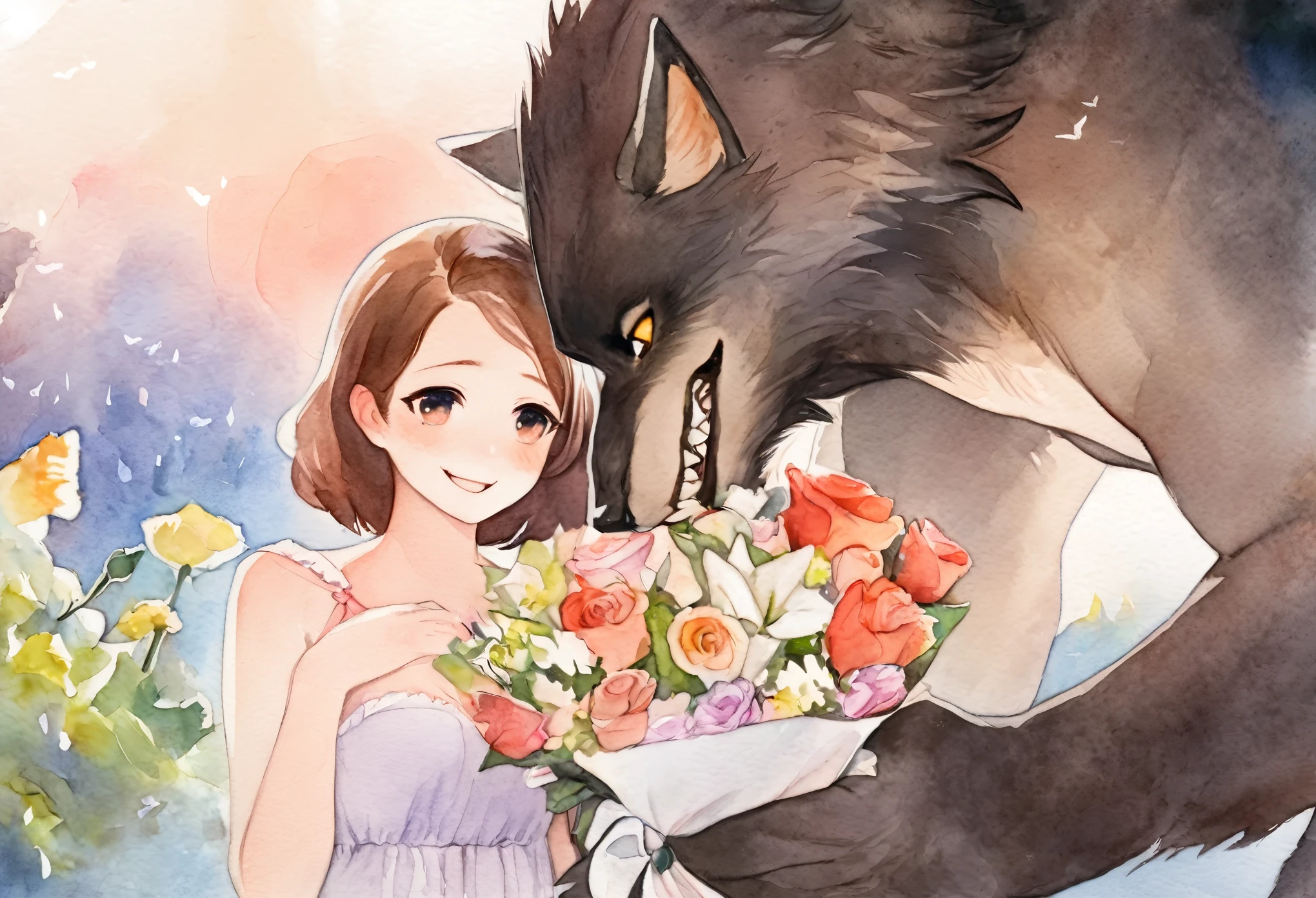 cover page, highres, top quality, best quality, paid reward available, unparalleled masterpiece, perfect artwork, absurdres, High-quality illustrations, watercolor, soft color, love story of human girl and giant Werewolf, werewolf who presents flowers to a girl, love romance, pair, Height difference, Physical difference, perfect anatomy, smile, happy,