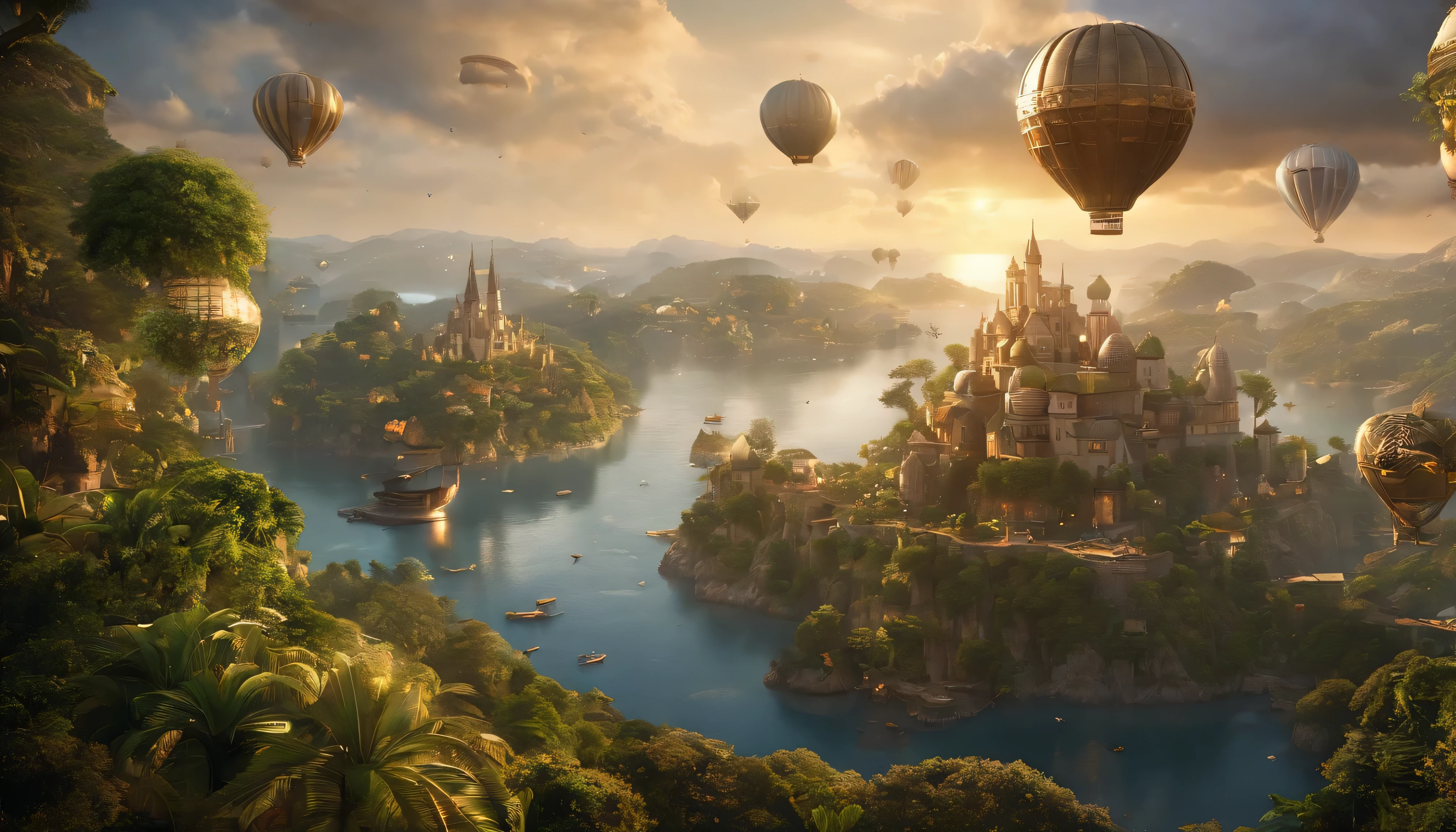 Many islands are suspended in the air with many small airships flying around, cities, fantasy, magical plants growing, extreme details, realistic light, epic composition, (complex details), (complex design, ultra-details :1.2), Art Station, (Masterpiece, Best Quality), Ultra HD, 32k --v 6