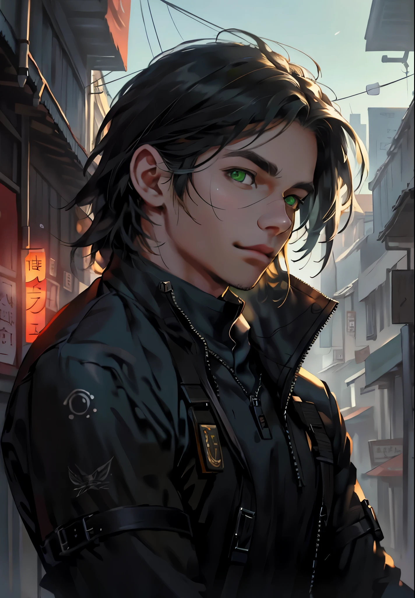 A cute, handsome young man of , green eyes, white hair, talks to someone in a cafe.