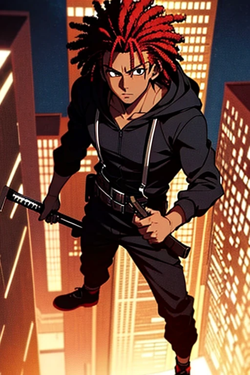 Anime, 1man, African American, tall, short red dreads, wearing black jumpsuit with American 1st written on the back, red letters, hood on his head, samurai sword on his back and pistol on his belt, climbing a skyscraper, at night, city beautiful lights, darkness below him, looking down, scared